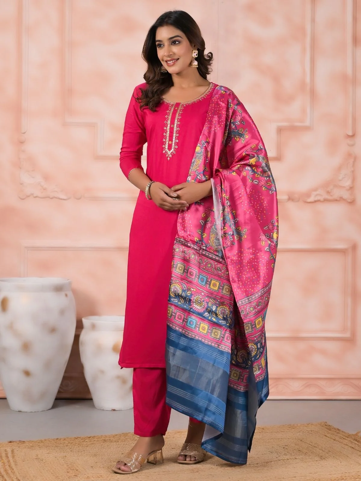 Odette Pink Viscose Rayon Embroidered Stitched Kurta Set For Women - Image 2