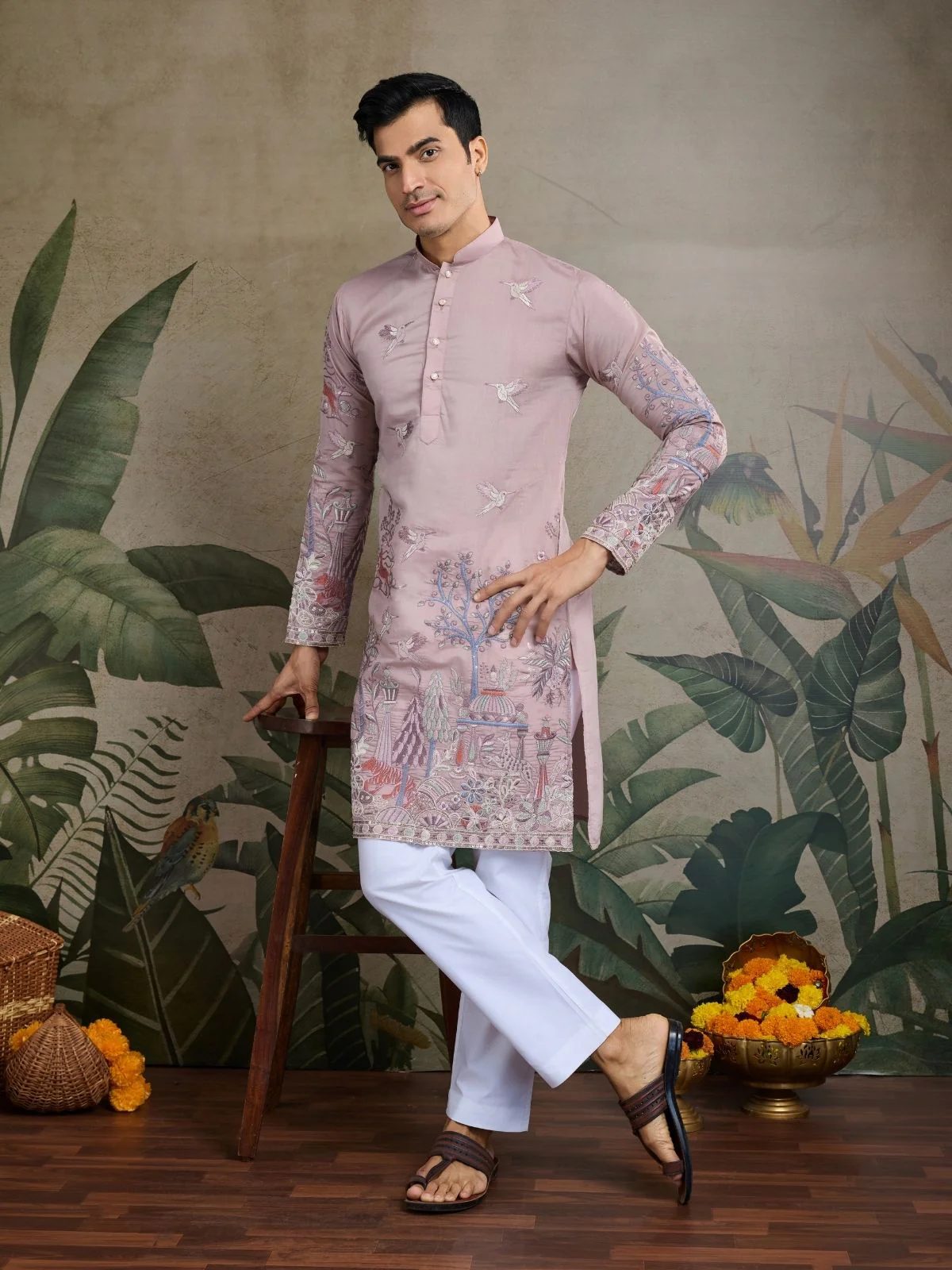 Odette Pink Viscose Silk Embroidered Stitched Kurta For Men - Image 2