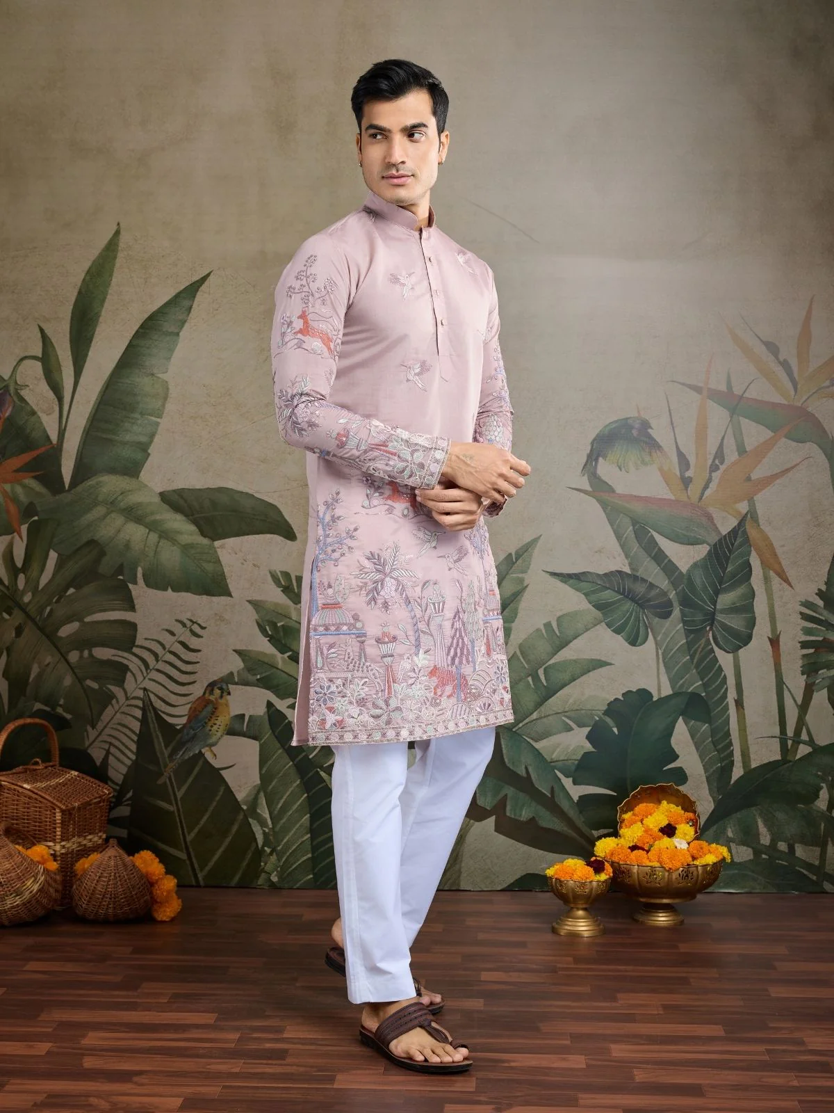 Odette Pink Viscose Silk Embroidered Stitched Kurta For Men - Image 3