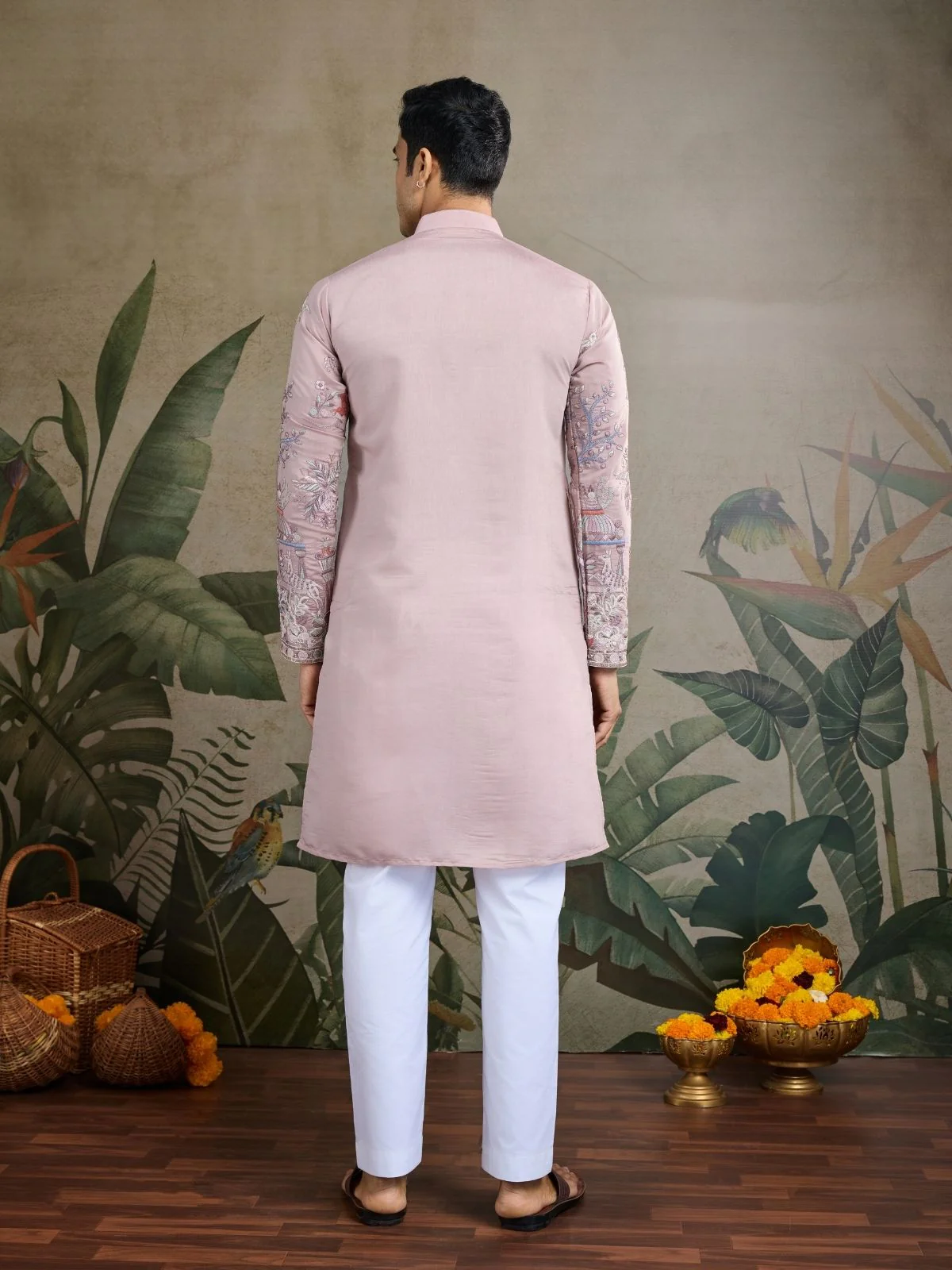 Odette Pink Viscose Silk Embroidered Stitched Kurta For Men - Image 4