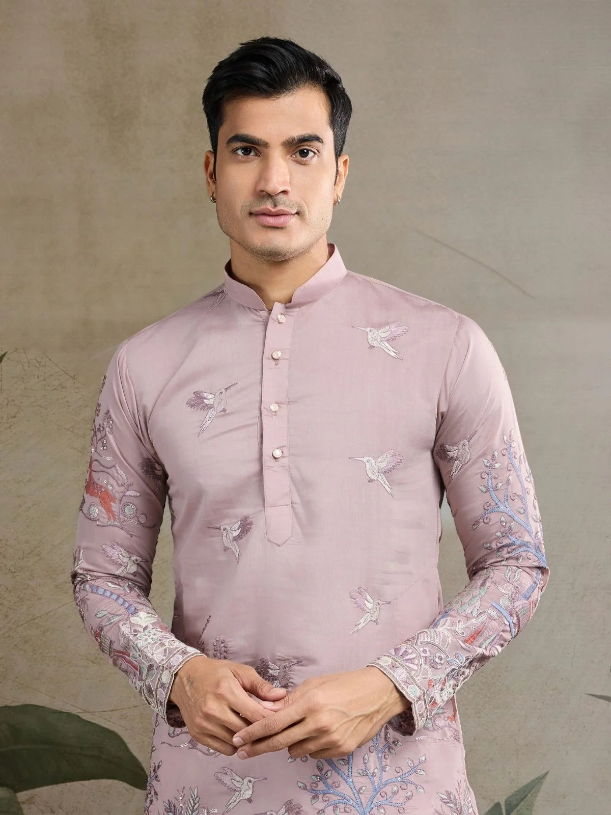 Odette Pink Viscose Silk Embroidered Stitched Kurta For Men - Image 5