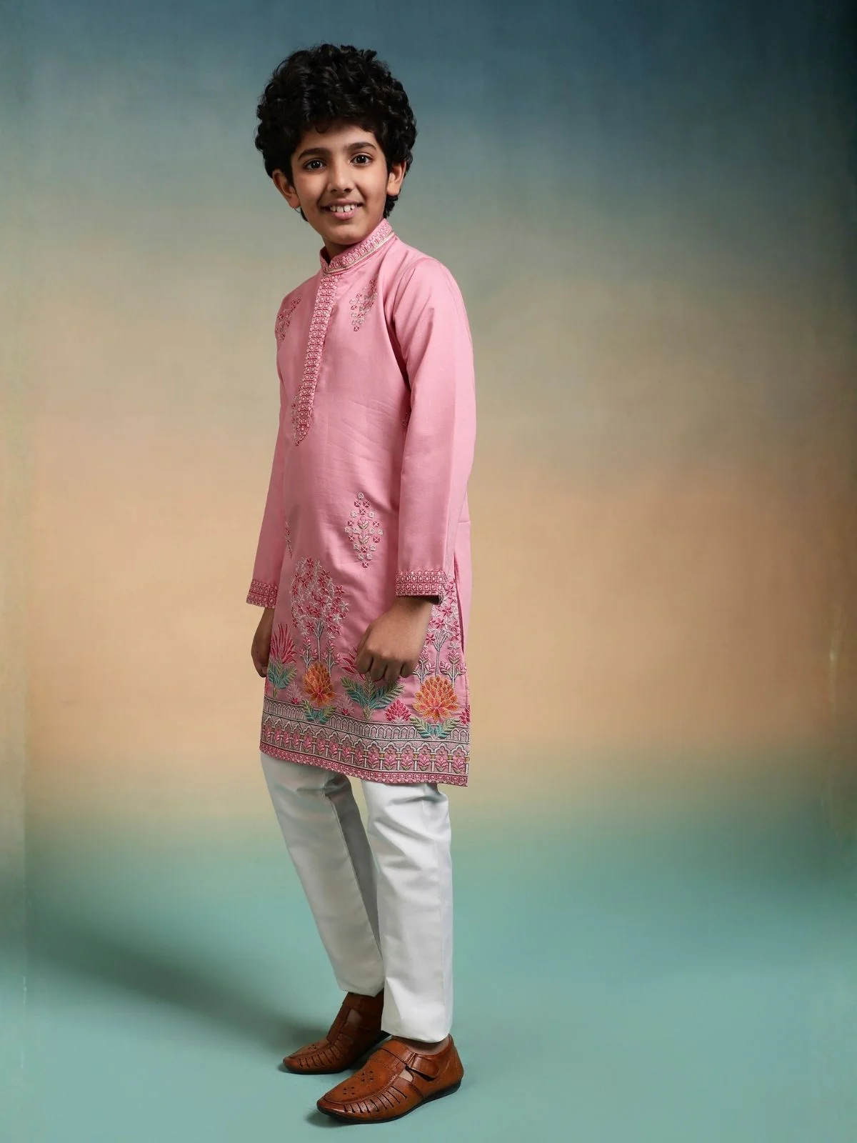 Odette Pink Viscose Silk Embroidered Stitched Kurta Set For Kids - Image 2