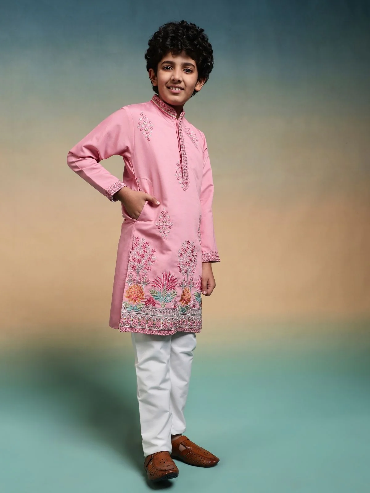 Odette Pink Viscose Silk Embroidered Stitched Kurta Set For Kids - Image 3
