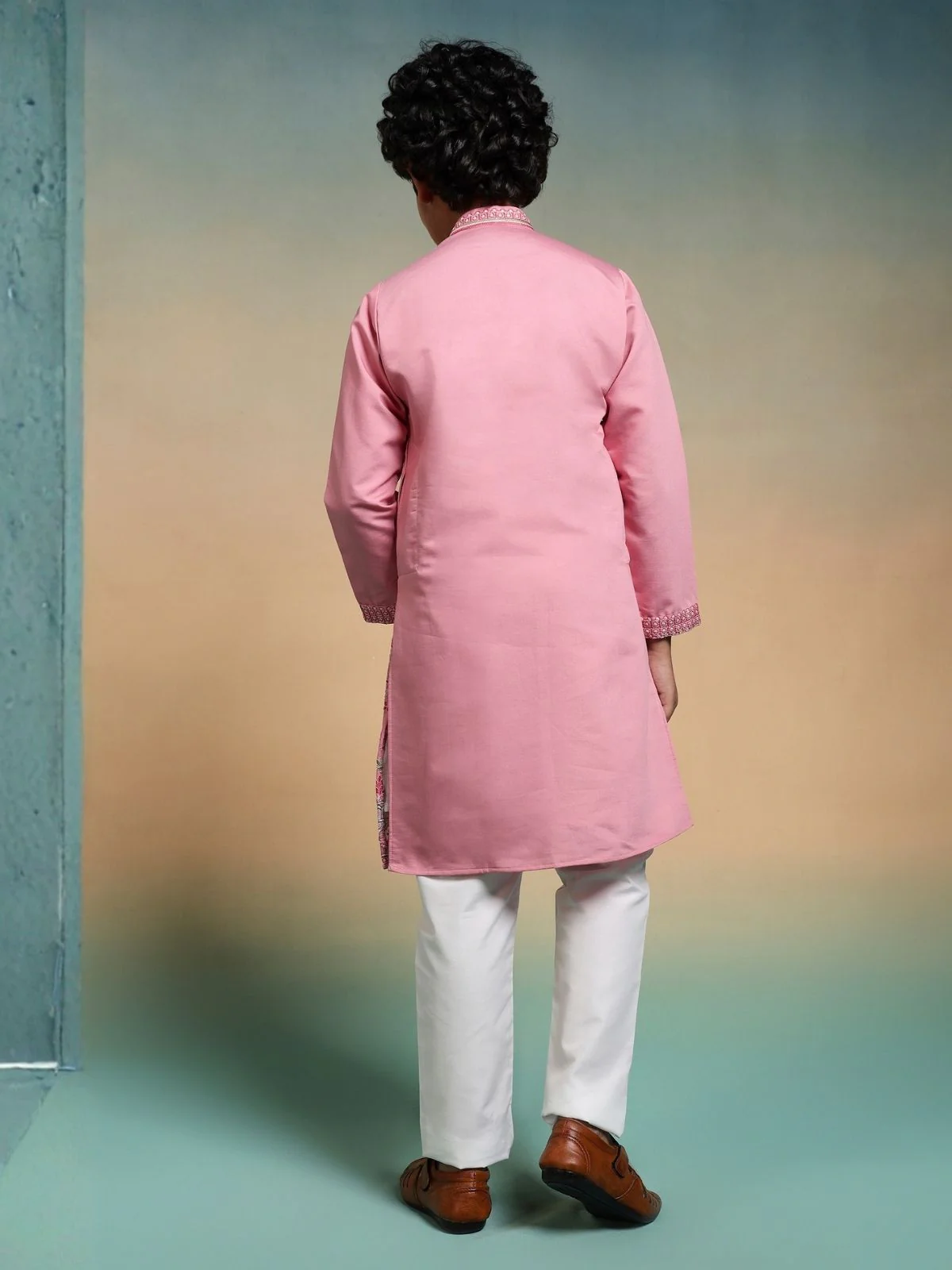 Odette Pink Viscose Silk Embroidered Stitched Kurta Set For Kids - Image 4