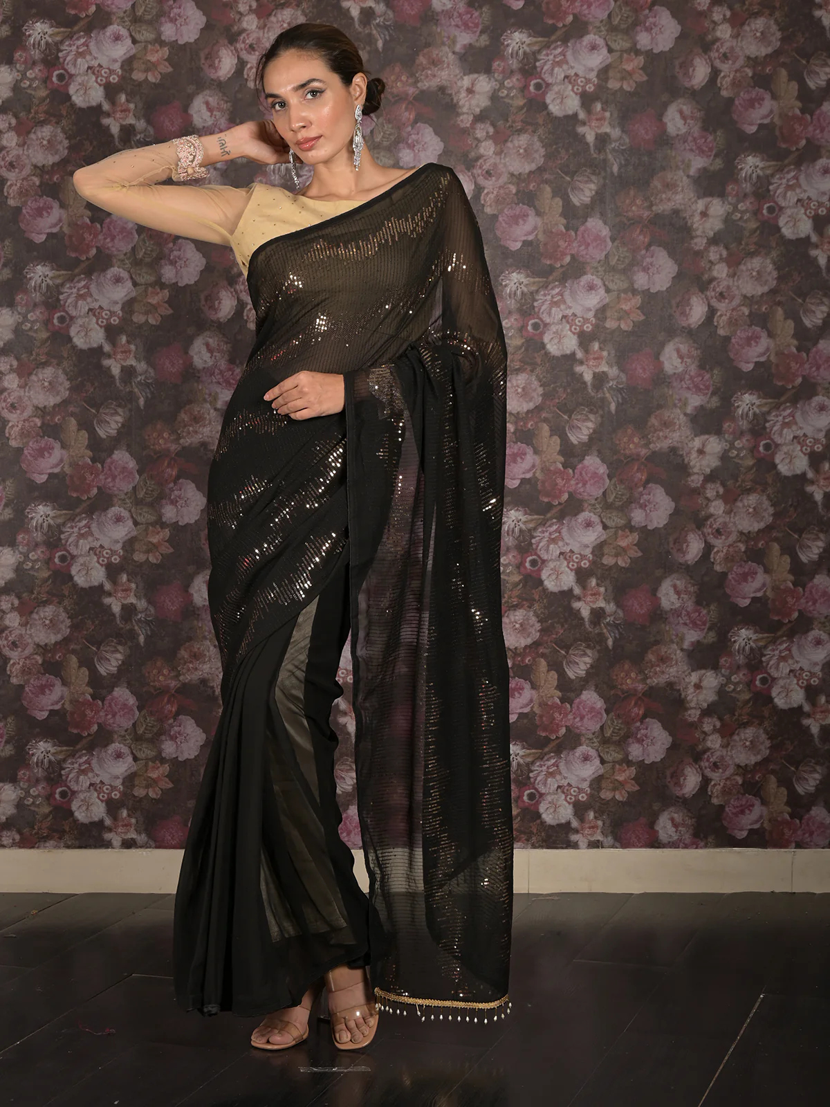 Odette Black Woven Chiffon Saree Without Blouse for Women - Image 2