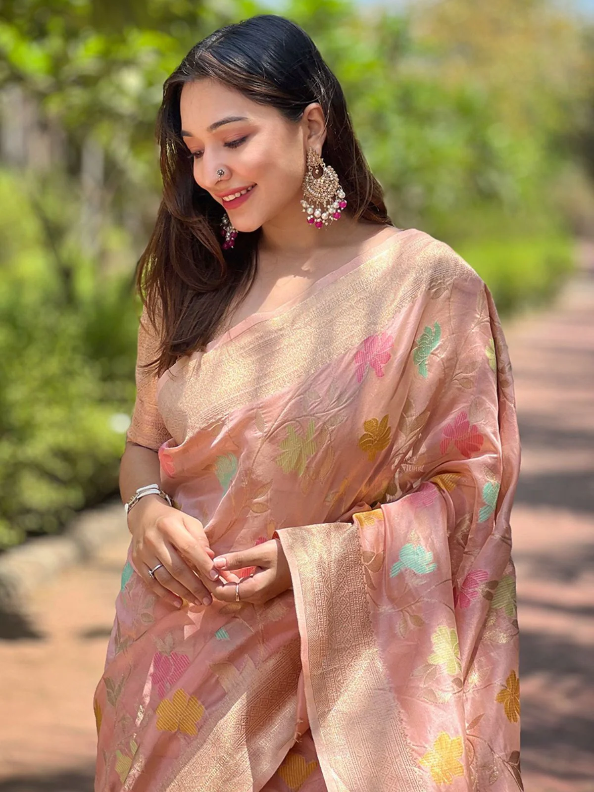 Odette Pink Woven Design Organza Saree With Unstitched Blouse For Women - Image 3