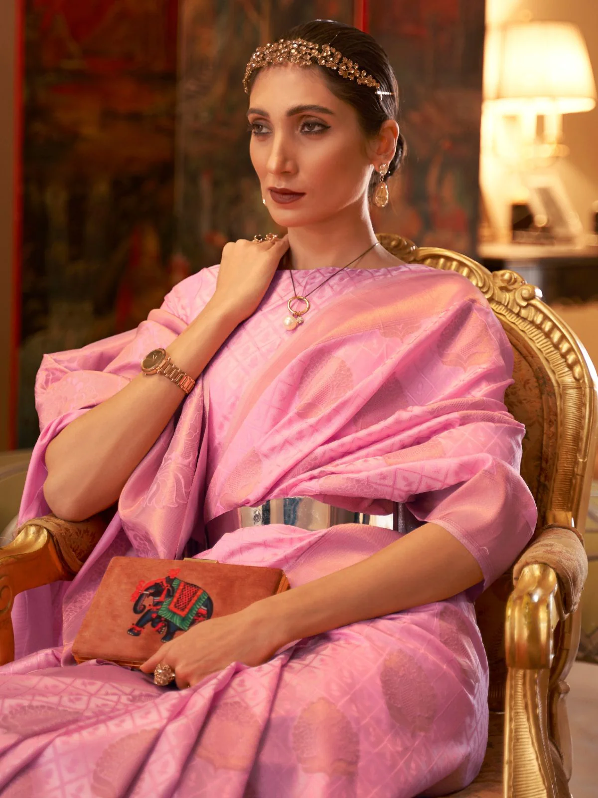 Odette Pink Woven Design Silk Blend Saree With Unstitched Blouse For Women - Image 2