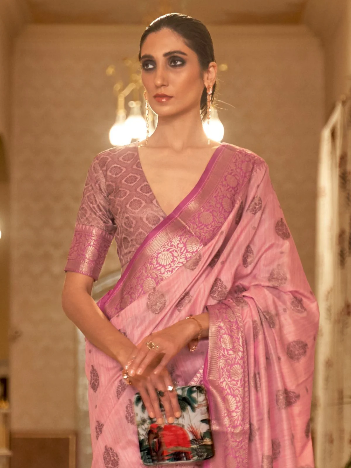 Odette Pink Woven Design Silk Blend Saree With Unstitched Blouse For Women - Image 3