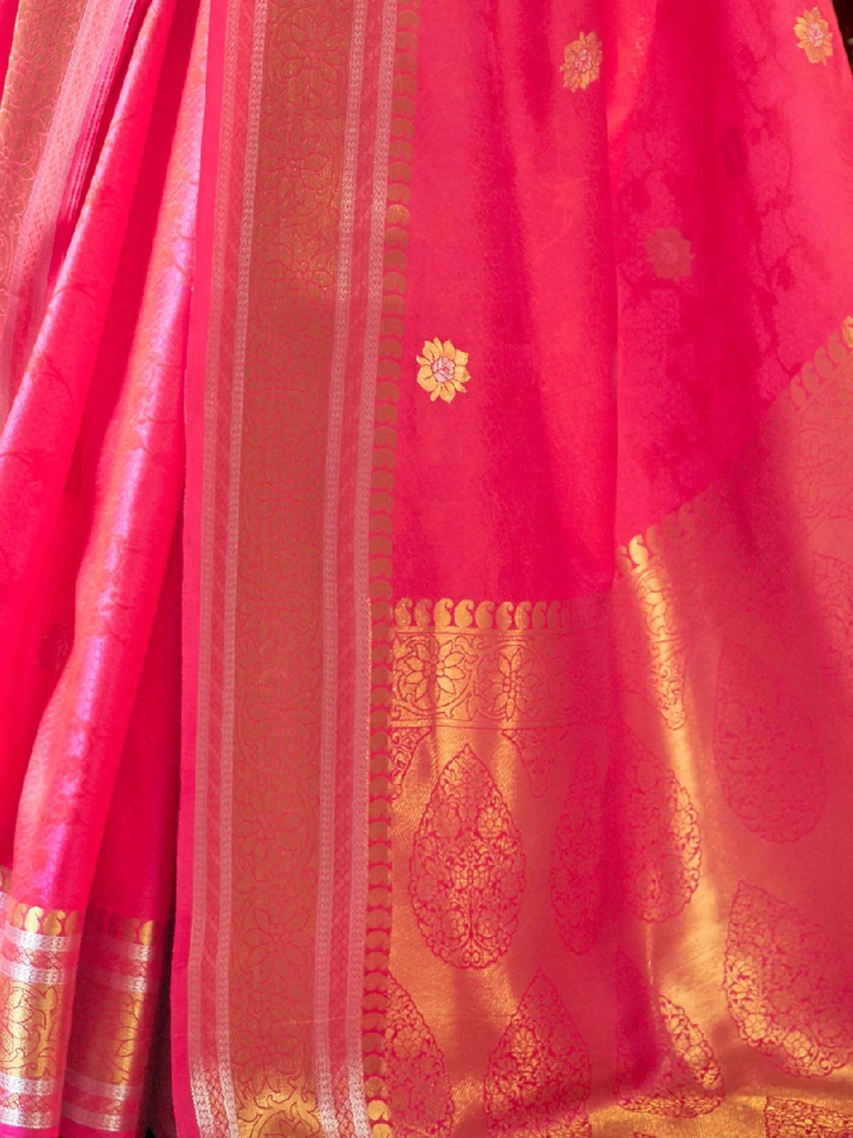 Odette Pink Woven Design Silk Blend Saree With Unstitched Blouse For Women - Image 3