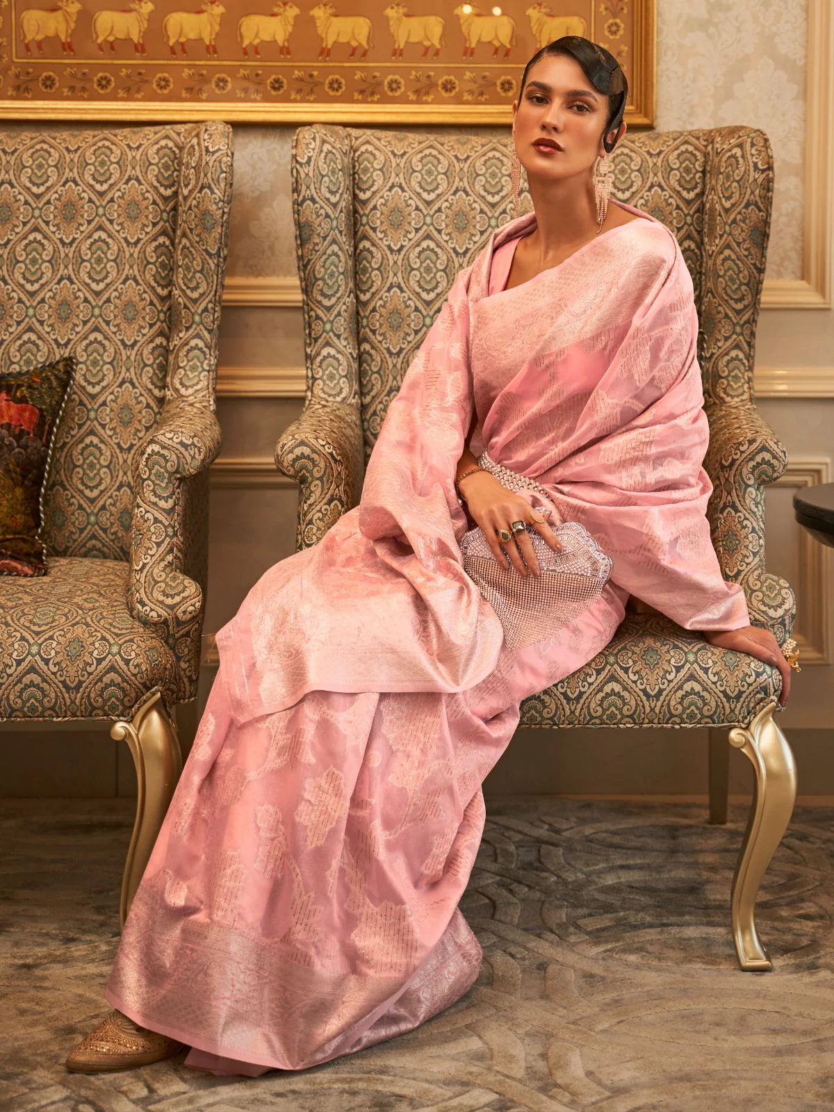 Odette Pink Woven Design Silk Blend Saree With Unstitched Blouse For Women - Image 2