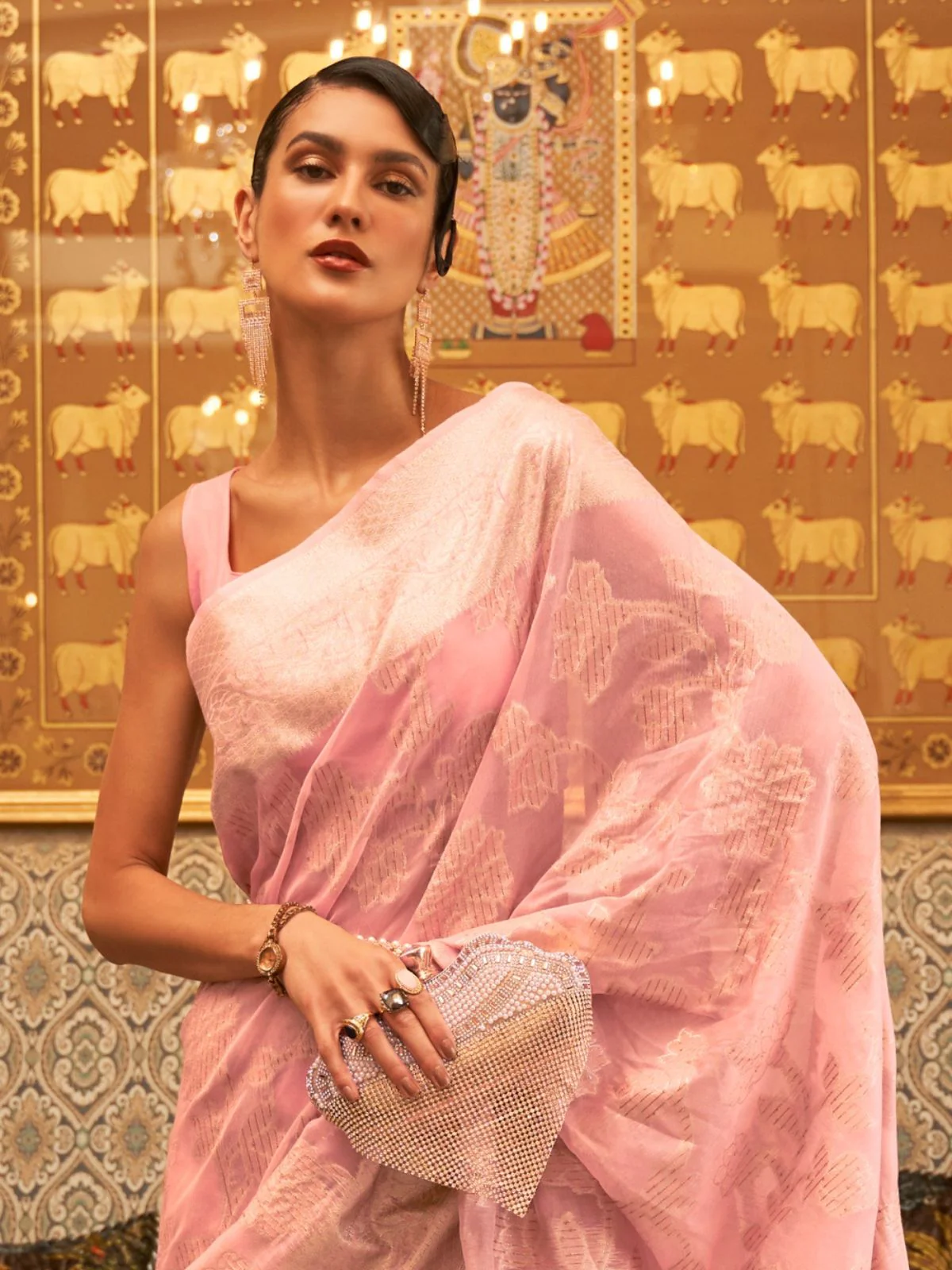 Odette Pink Woven Design Silk Blend Saree With Unstitched Blouse For Women - Image 3