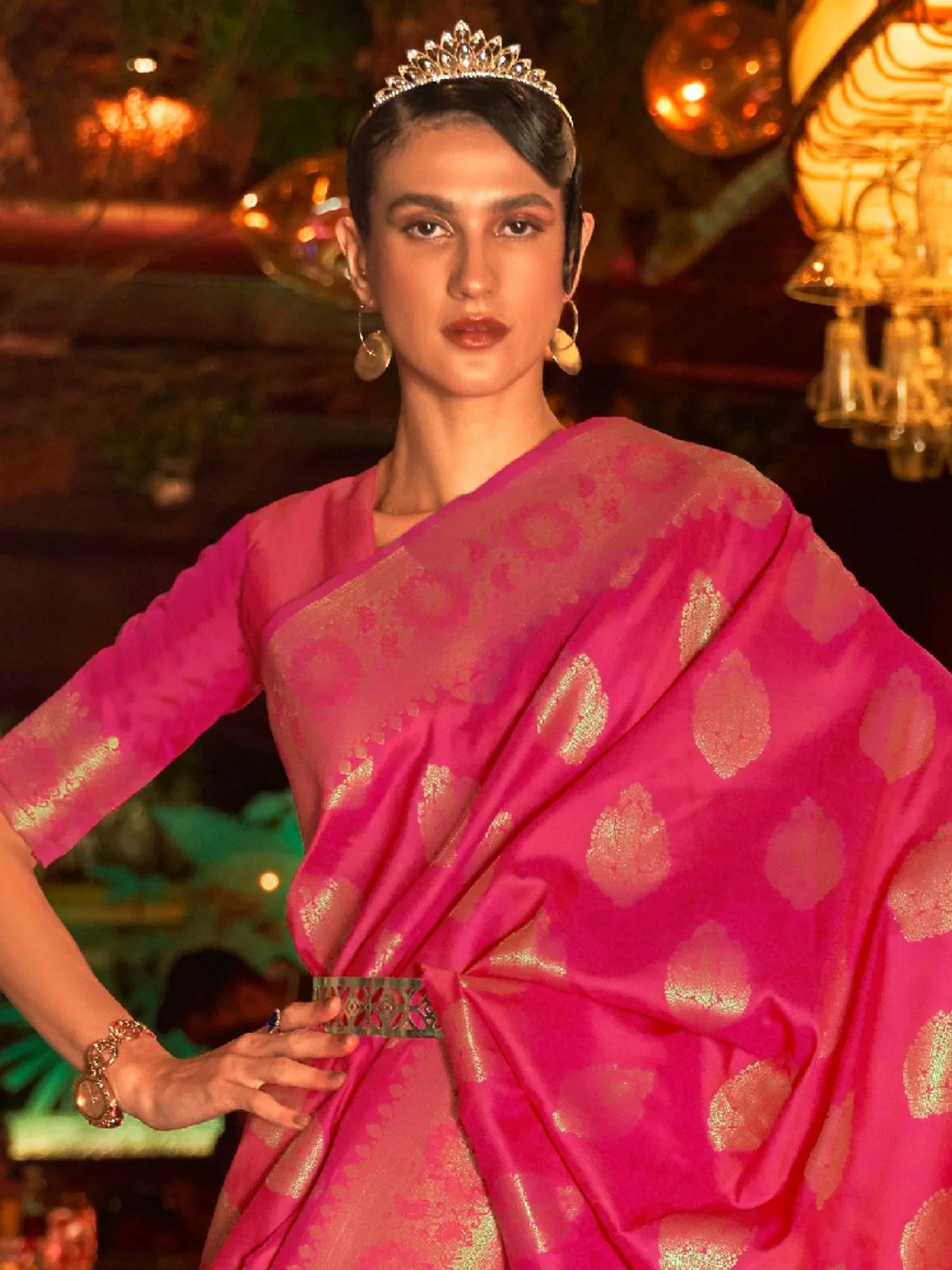 Odette Pink Woven Design Silk Blend Saree With Unstitched Blouse For Women - Image 2