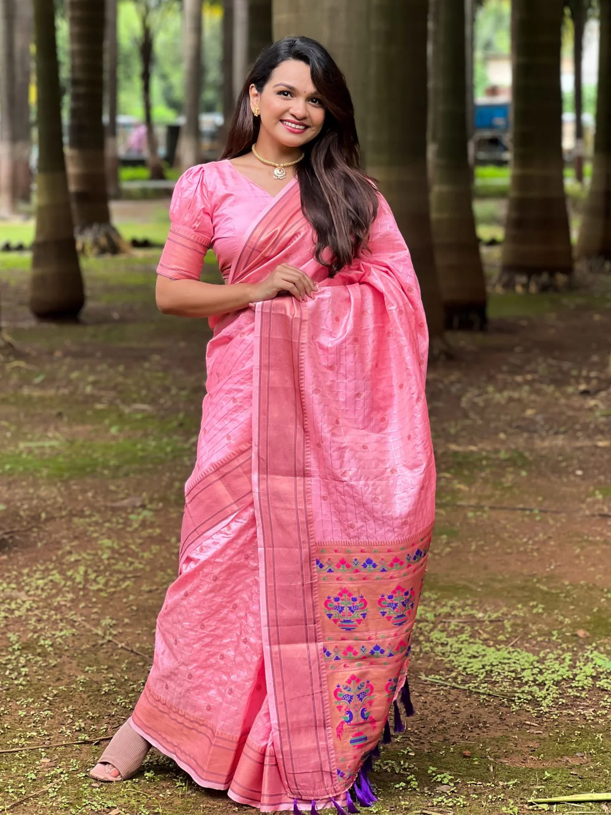 Odette Pink Woven Design Silk Blend Saree With Unstitched Blouse For Women