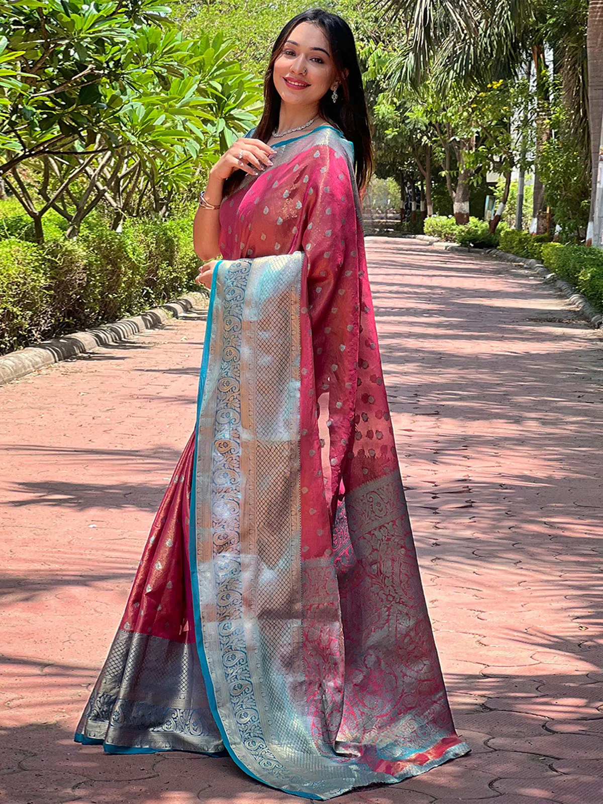 Odette Pink Woven Design Tissue Silk Saree With Unstitched Blouse For Women - Image 2