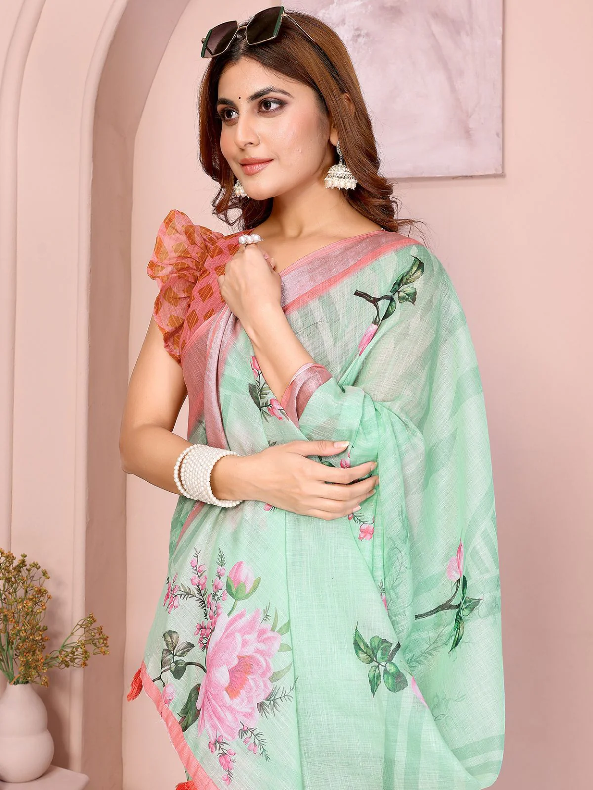 Odette Pista Cotton Linen Solid Printed Saree For Women - Image 3