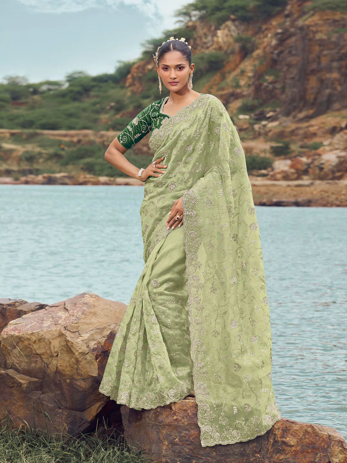 Odette Light Green Embroidered Organza Saree With Unstitched Blouse For Women