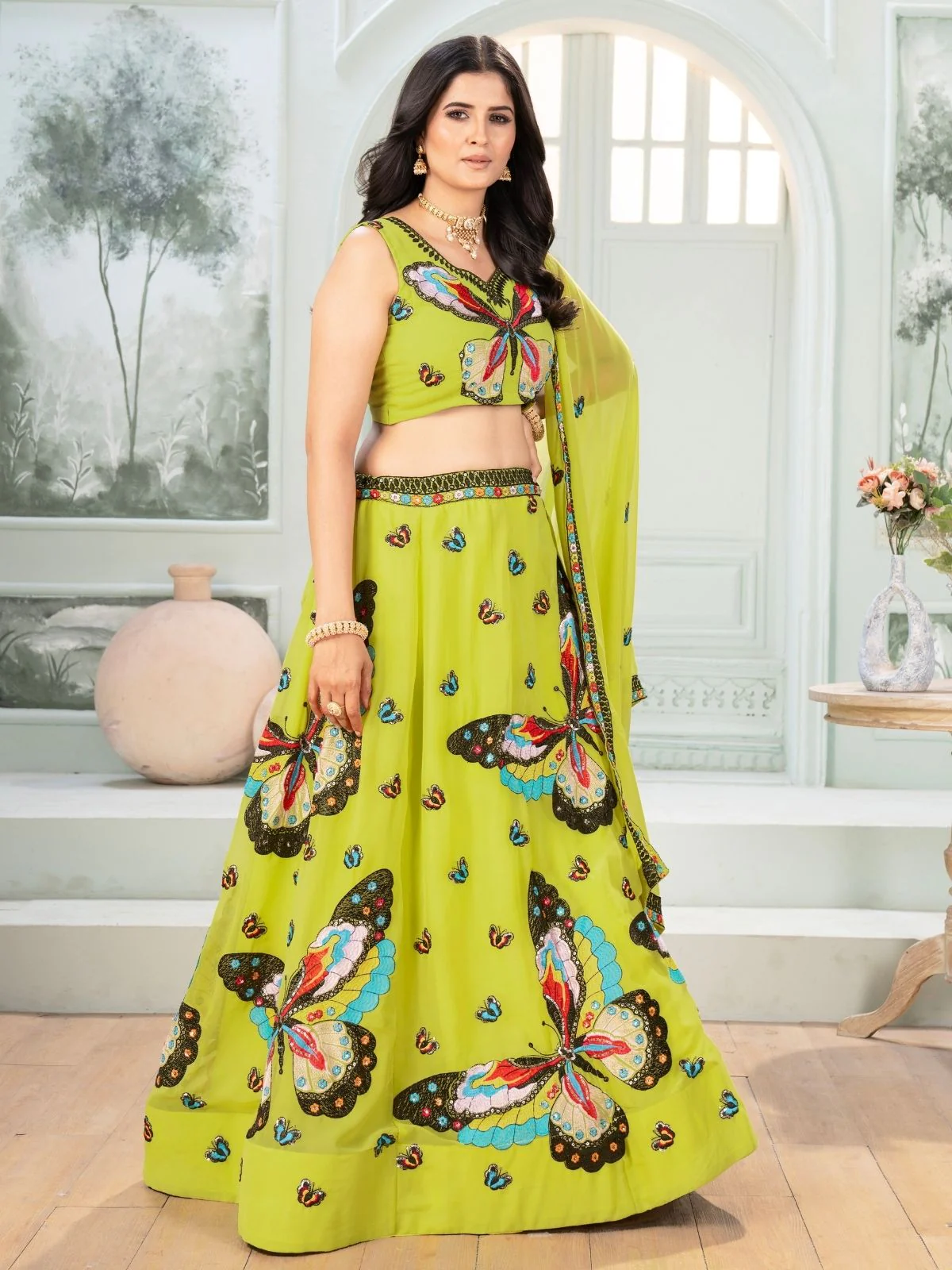 Odette Pista Georgette Embellished Semi Stitched Lehenga For Women - Image 2