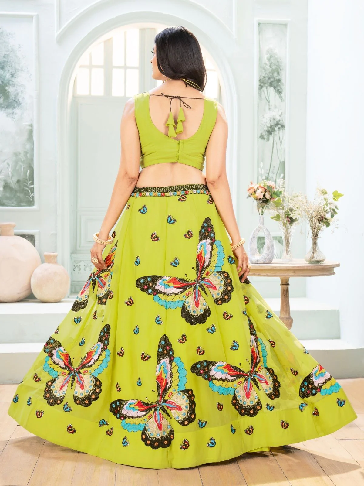 Odette Pista Georgette Embellished Semi Stitched Lehenga For Women - Image 3