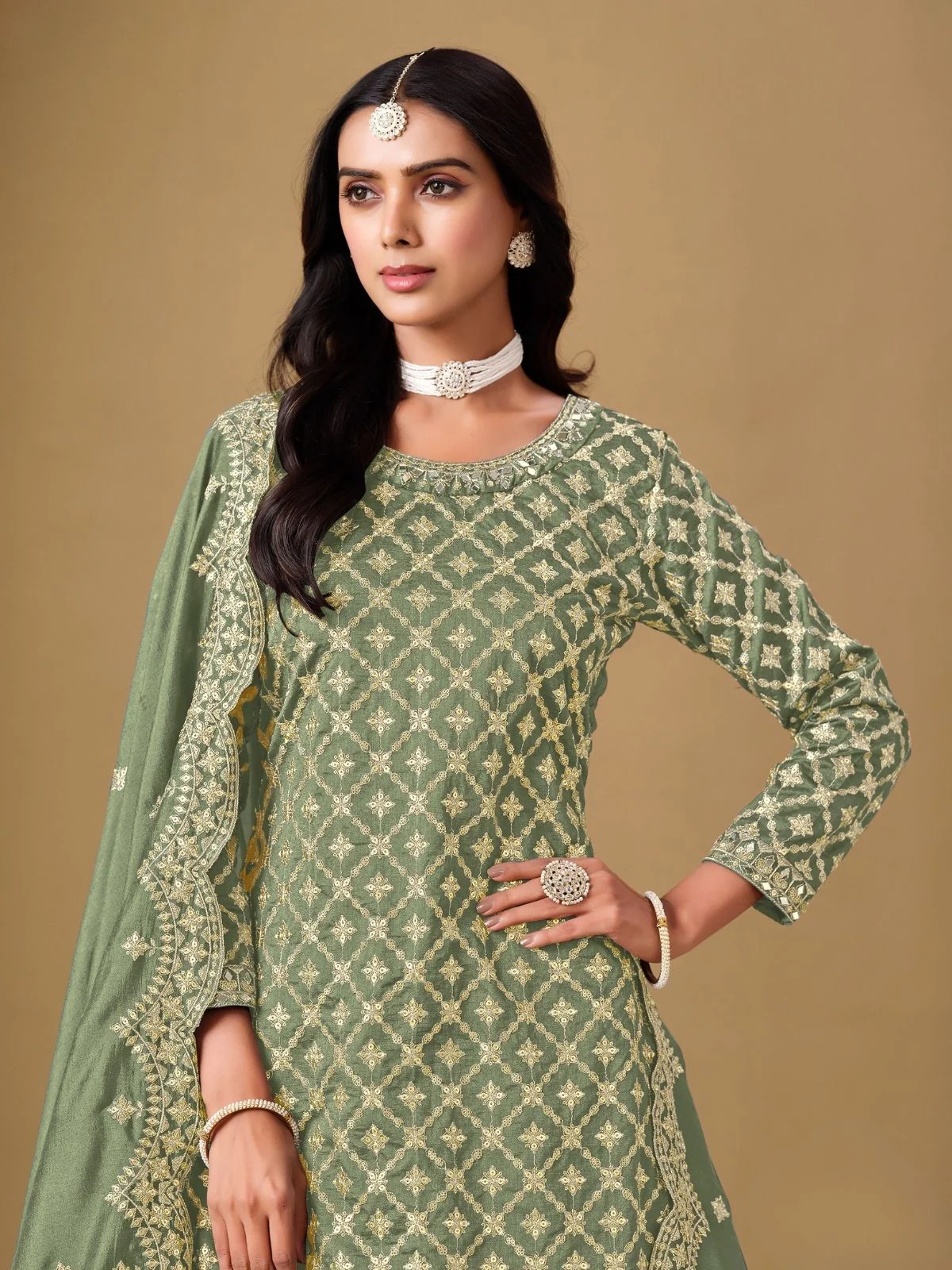 Odette Pista green Art Silk Embroidered Semi-Stiched Kurta Set For Women - Image 3
