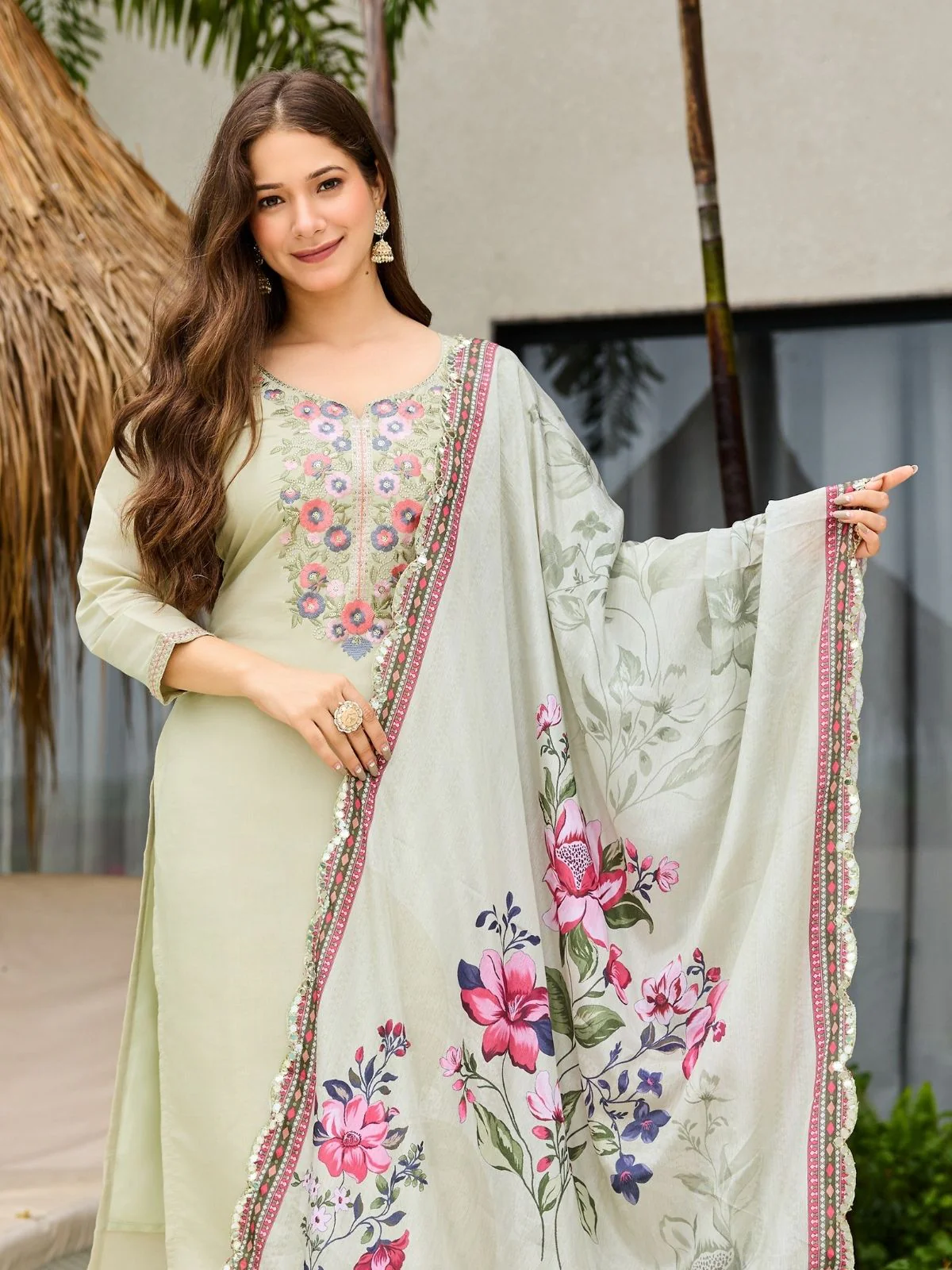 Odette Pista Green Chinon Embriodered Stitched Kurta Set For Women - Image 3