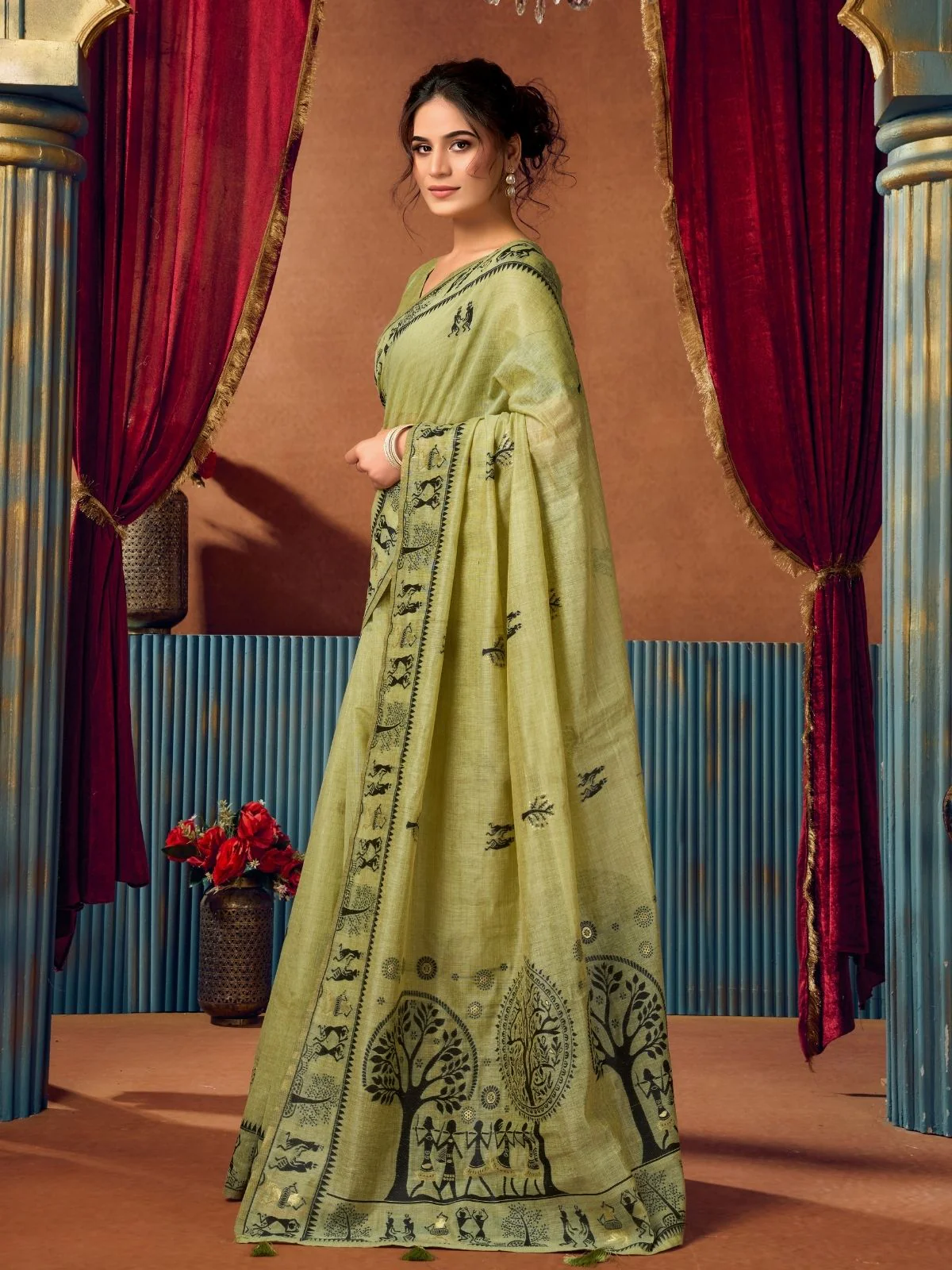 Odette Pista Green Cotton Blend Printed Saree For Women - Image 2