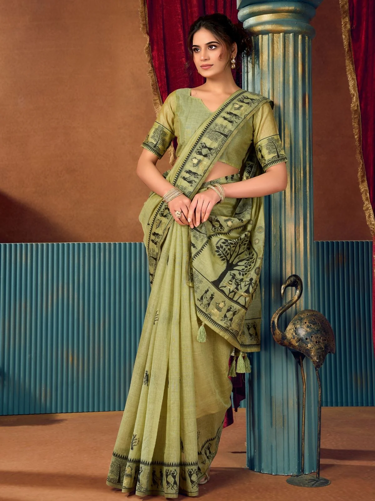 Odette Pista Green Cotton Blend Printed Saree For Women - Image 3