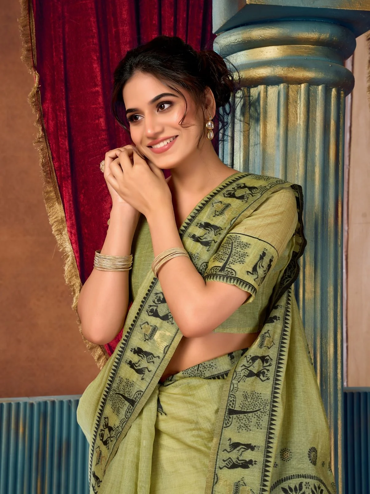 Odette Pista Green Cotton Blend Printed Saree For Women - Image 5