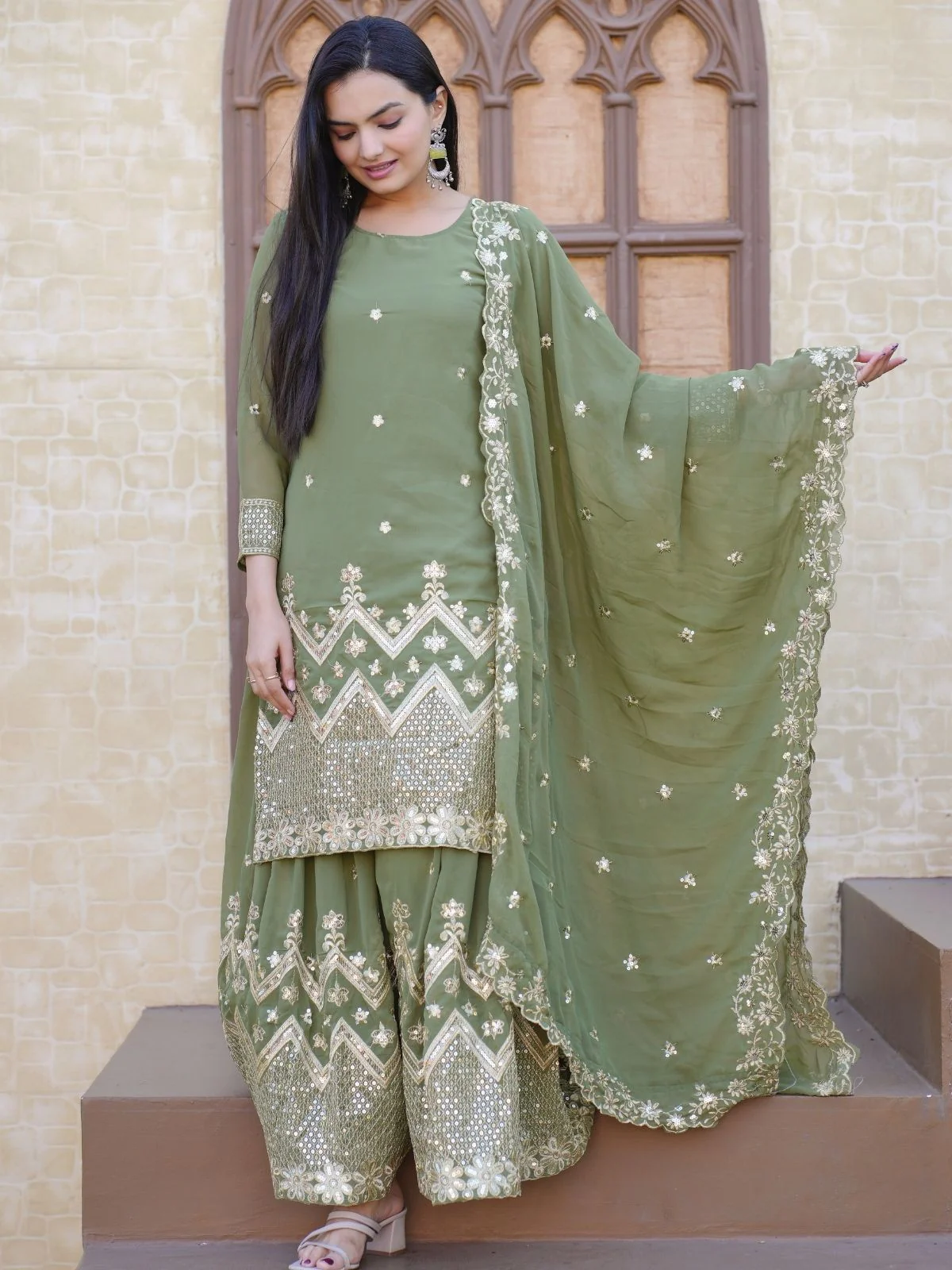 Odette Pista Green Georgette Embroidered Stitched Kurta Set For Women - Image 2