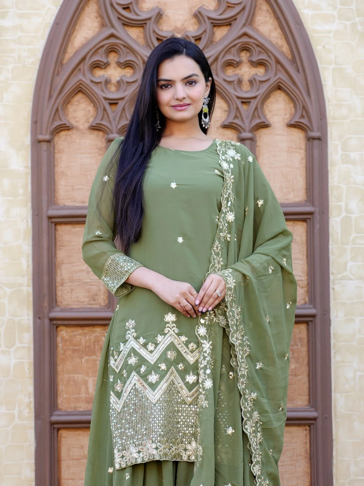 Odette Pista Green Georgette Embroidered Stitched Kurta Set For Women - Image 3