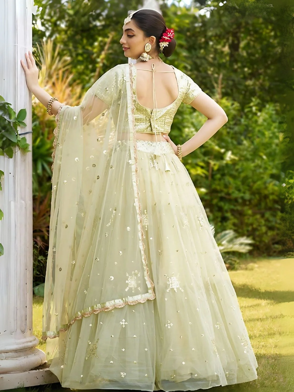 Odette Pista Green Net Embellished Semi-Stitched Lehenga For Women - Image 2