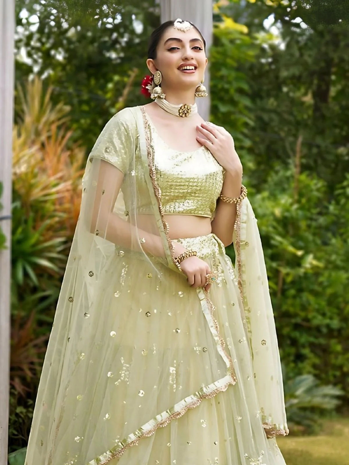 Odette Pista Green Net Embellished Semi-Stitched Lehenga For Women - Image 3