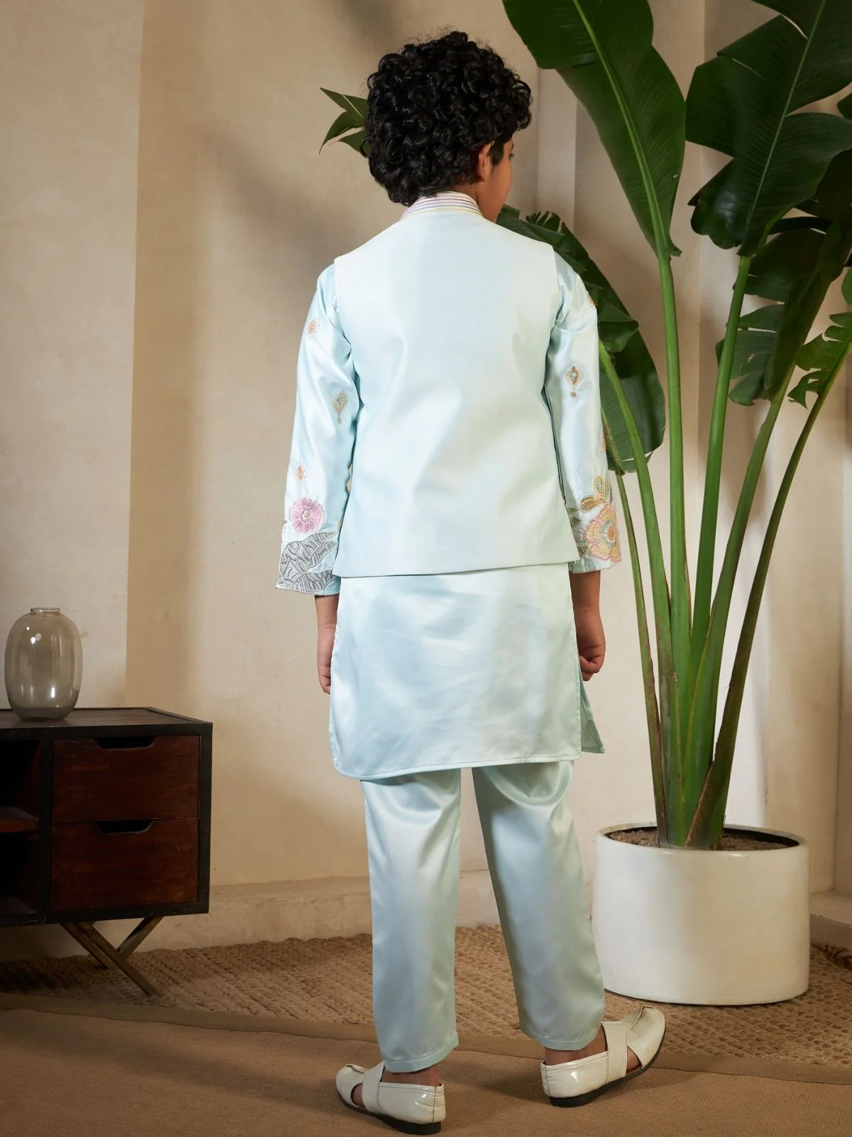 Odette Pista Green Satin Embellished Stitched Kurta Set For Kids - Image 4