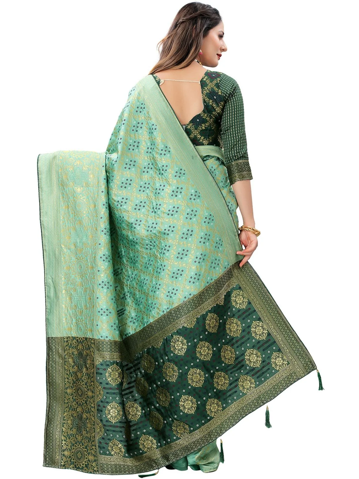 Odette Pista Green Silk Blend Embellished Saree For Women - Image 3