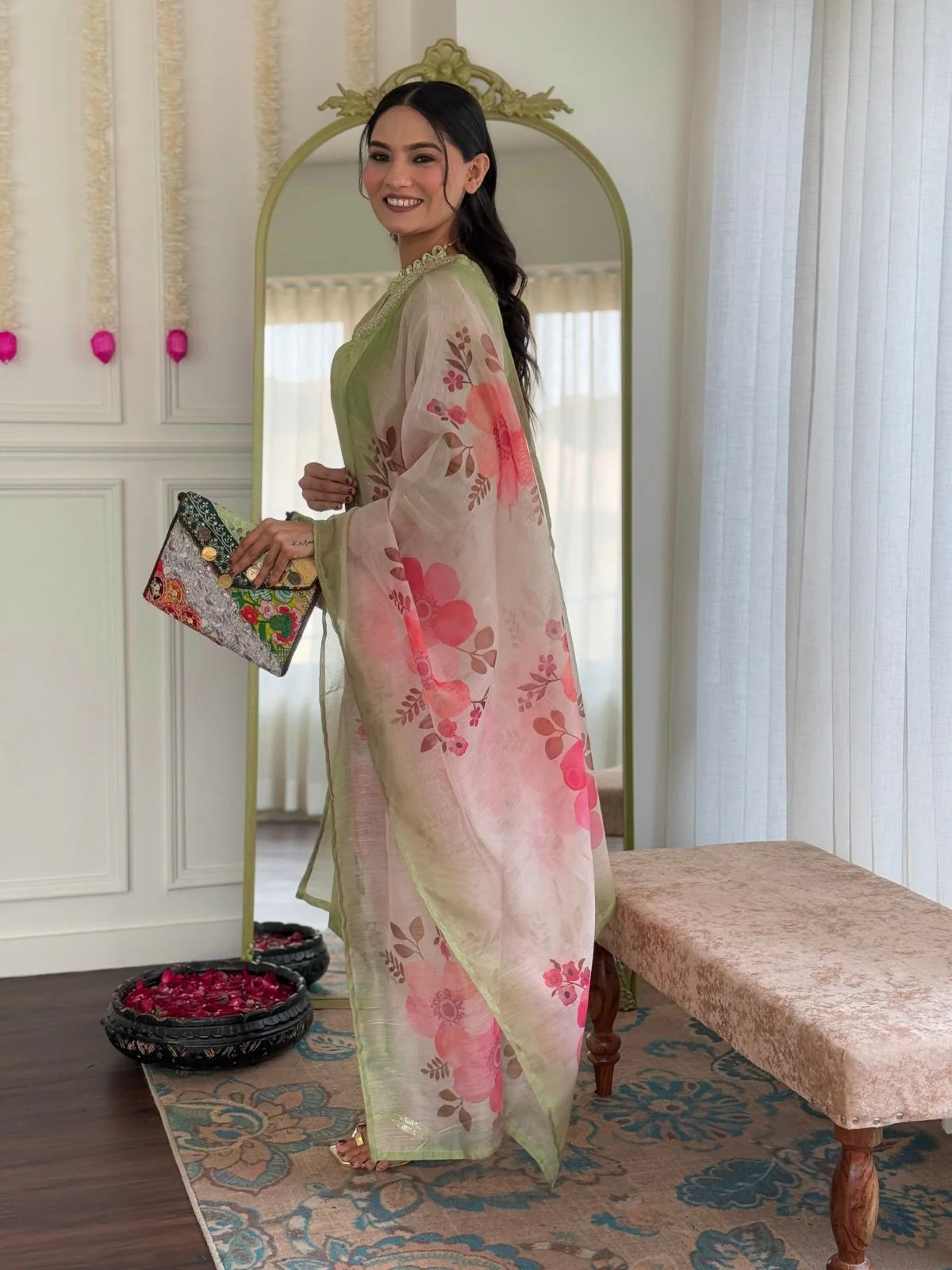 Odette Pista Green Silk Blend Embroidered Stitched Kurta Set For Women - Image 3