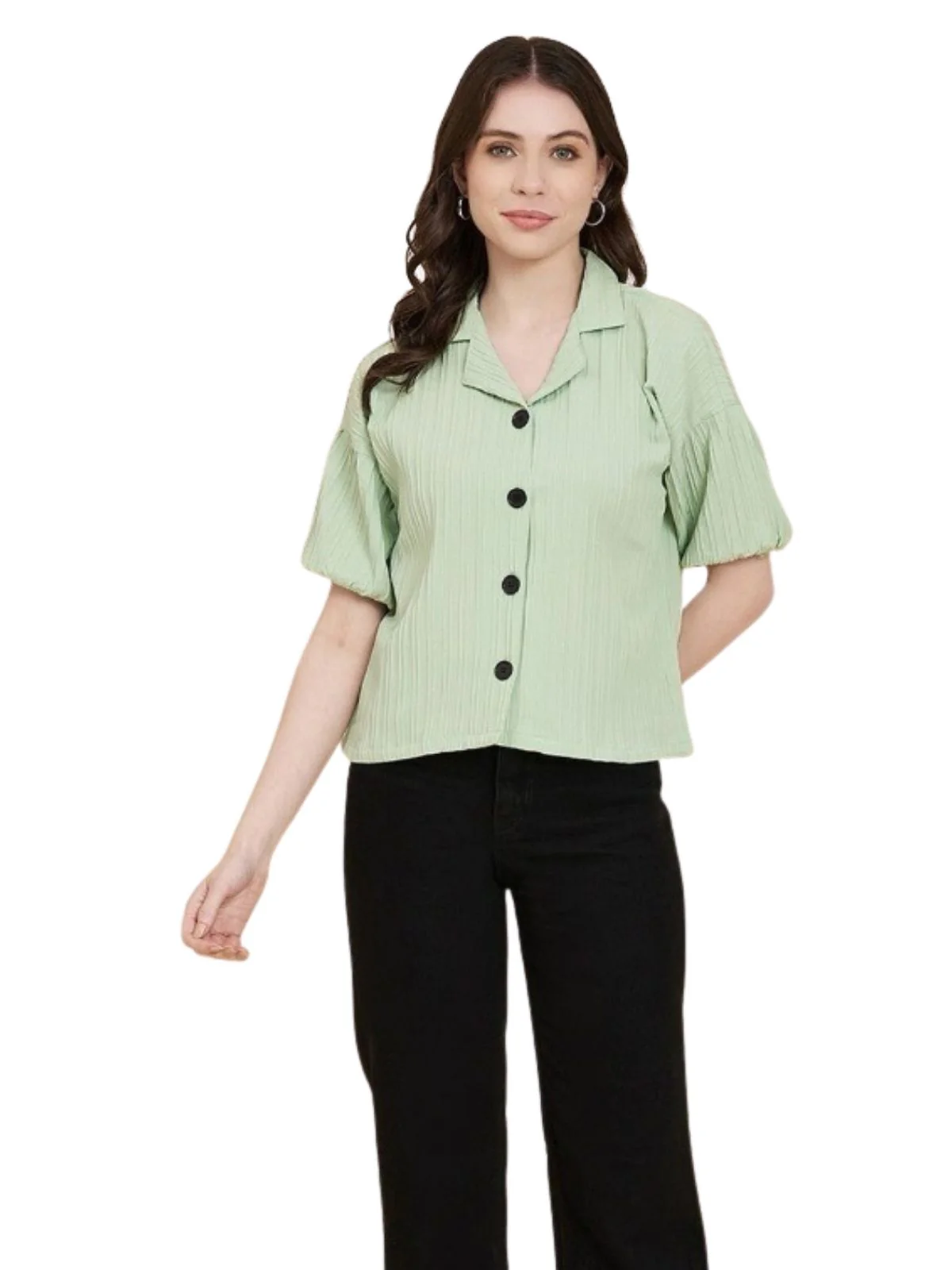 Odette Pista Green Sugarcane Solid Shirt For Women - Image 3