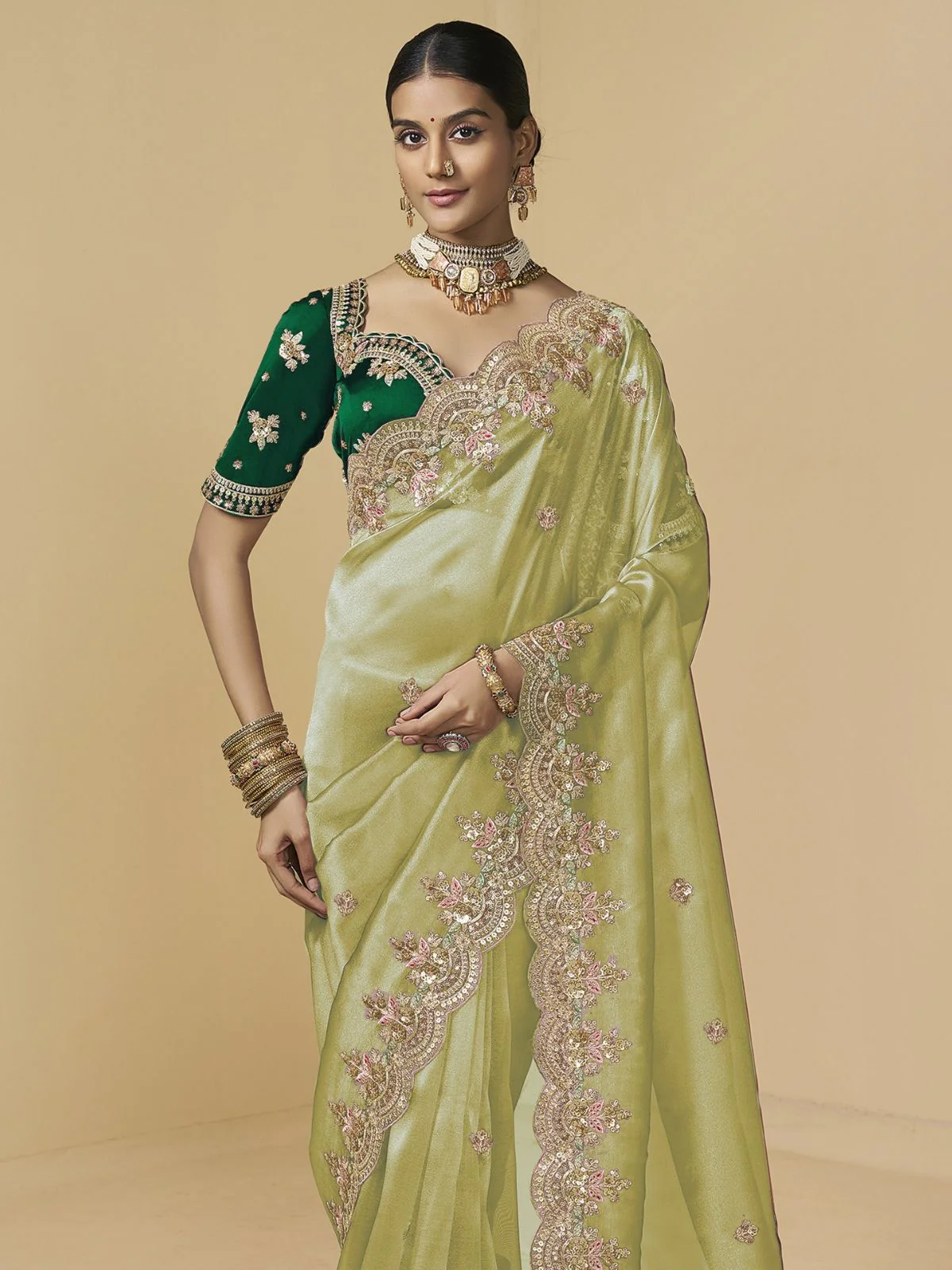 Odette Pista Green Tissue Embellished Saree For Women - Image 2