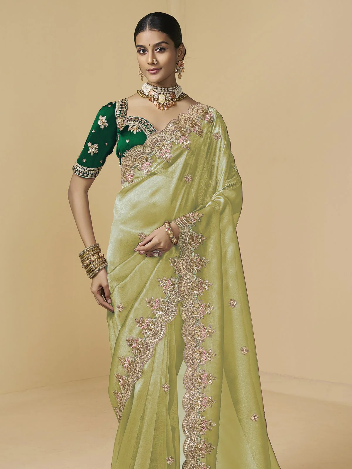Odette Pista Green Tissue Embellished Saree For Women - Image 5
