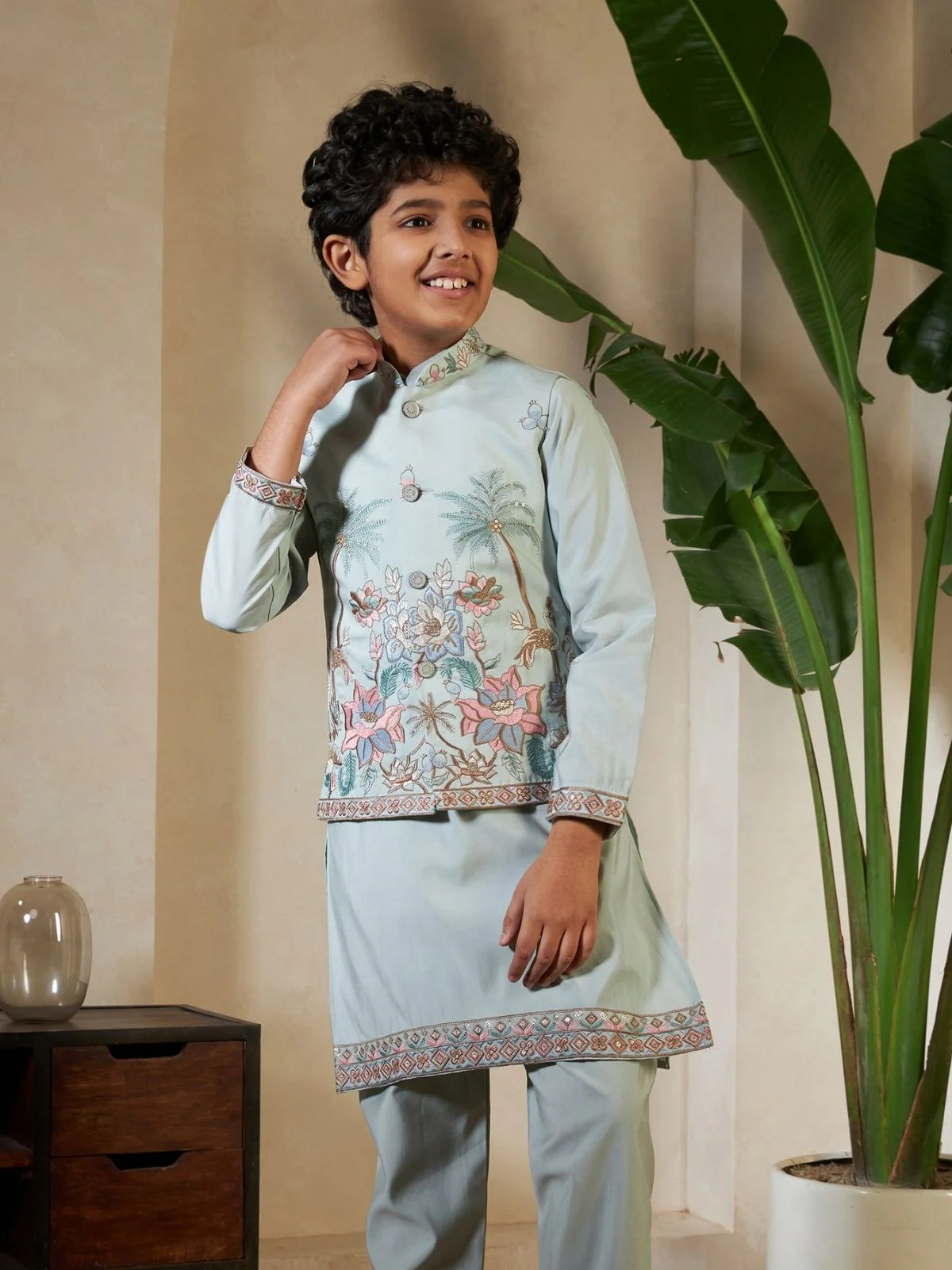 Odette Pista Green Viscose Silk Embellished Stitched Kurta Set For Kids - Image 5
