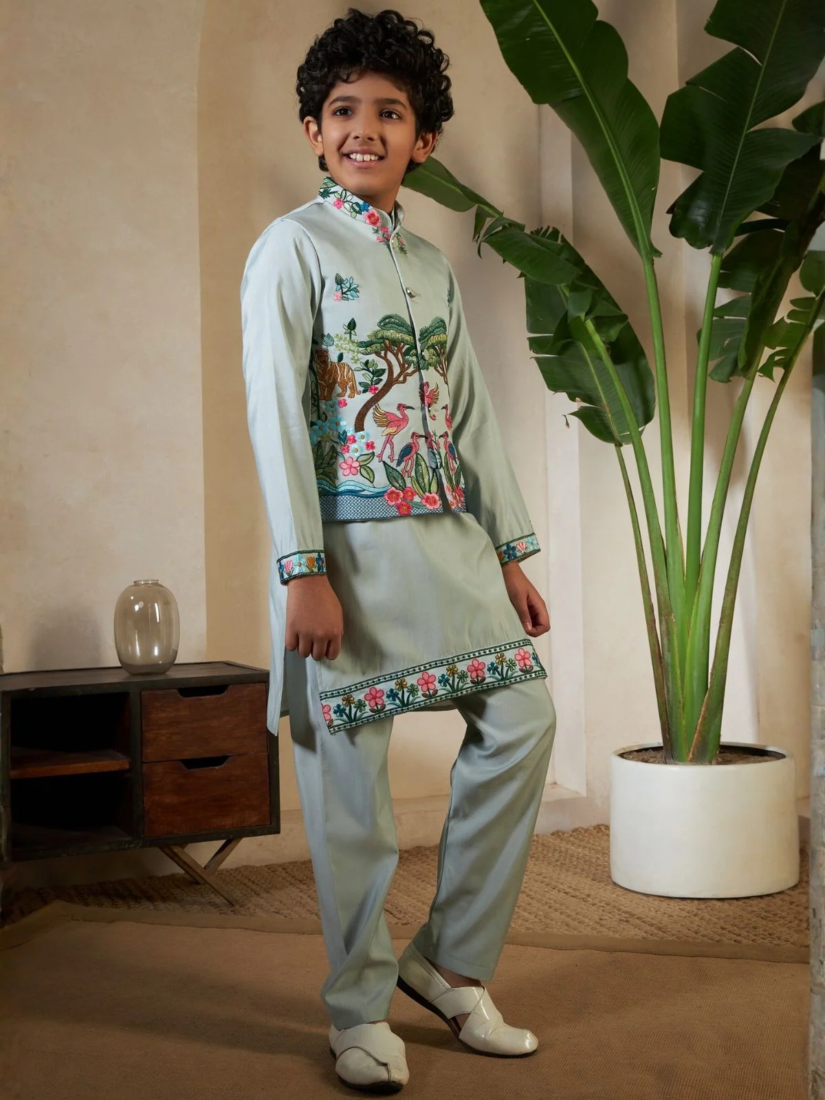 Odette Pista Green Viscose Silk Embellished Stitched Kurta Set For Kids - Image 2