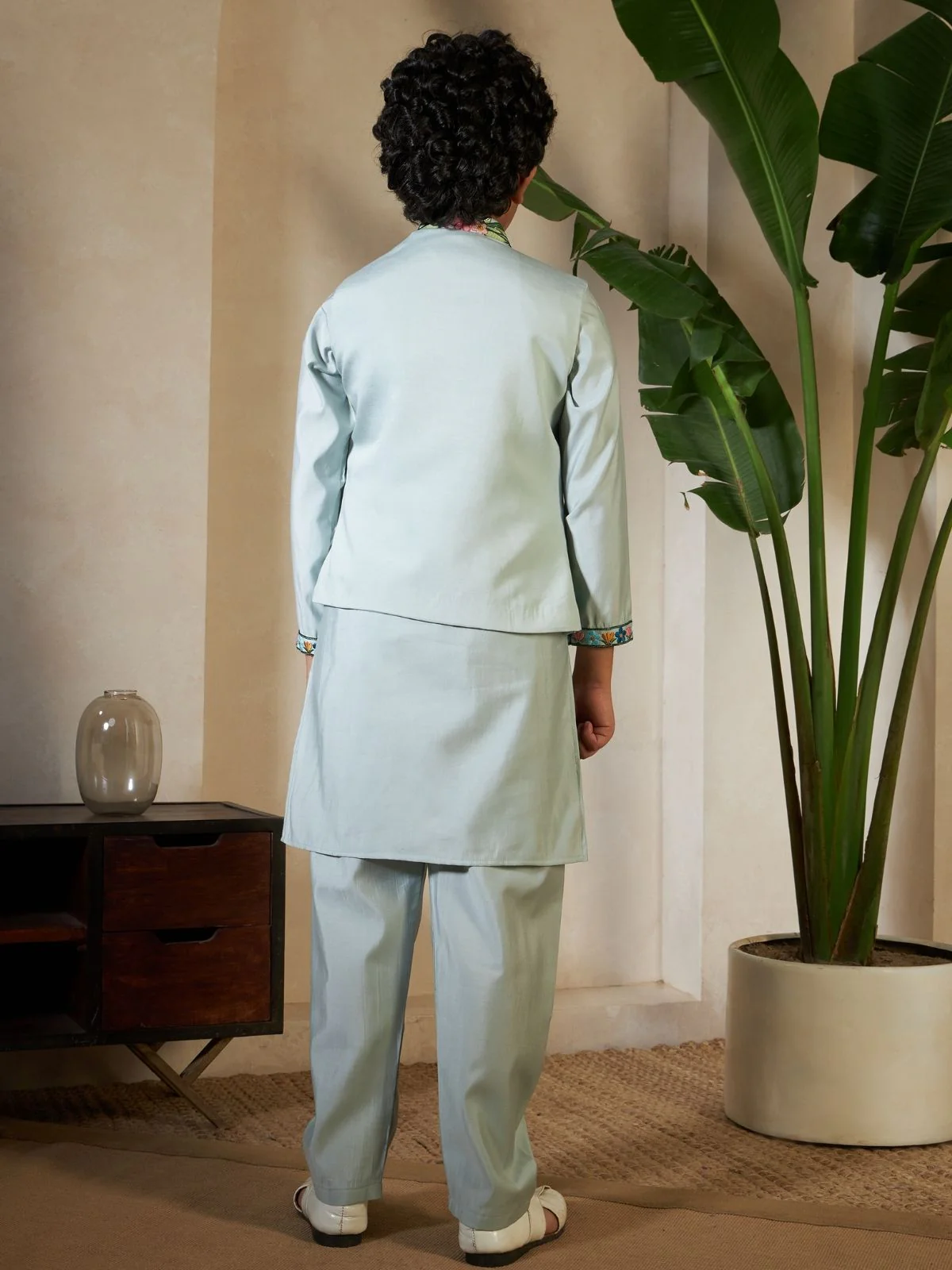 Odette Pista Green Viscose Silk Embellished Stitched Kurta Set For Kids - Image 4