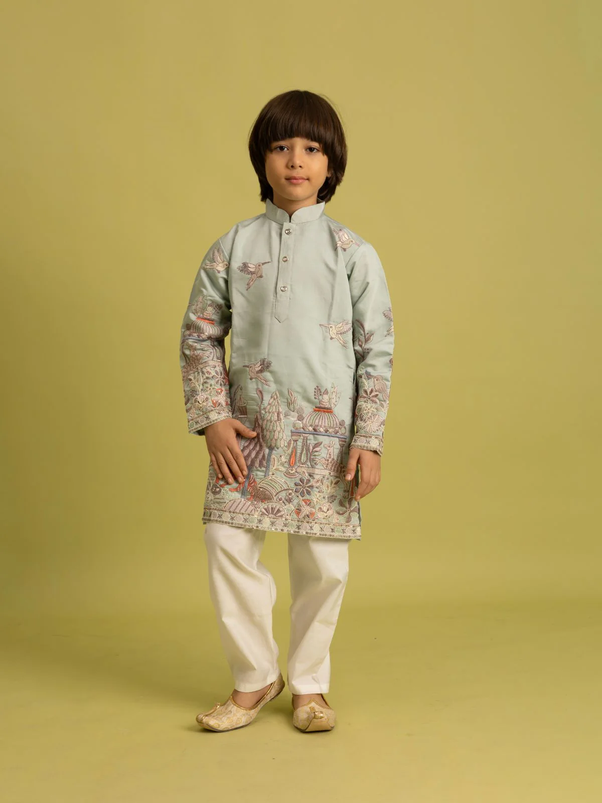 Odette Pista Green Viscose Silk Embroidered Kurta Set For Kids - Image 2