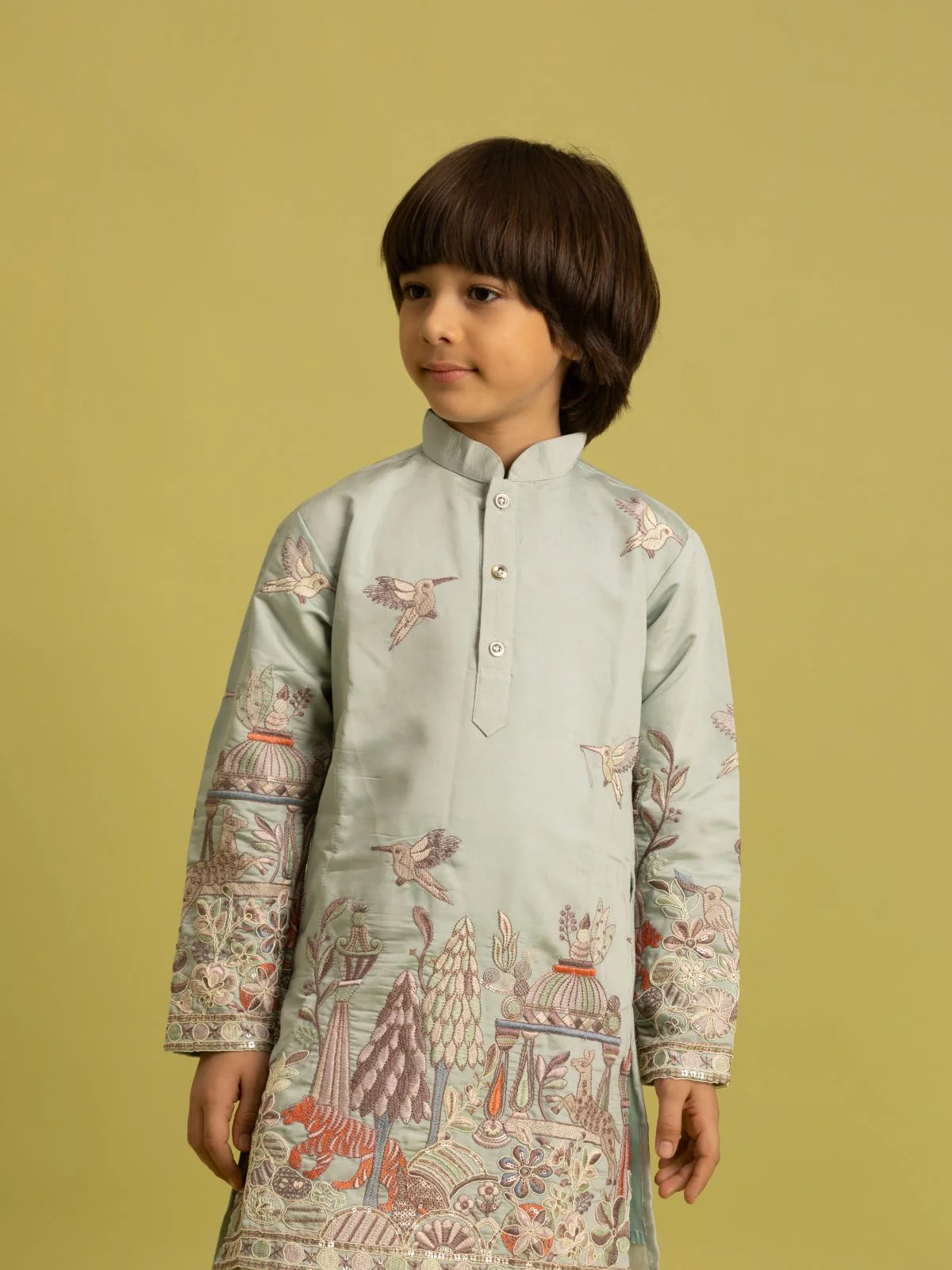 Odette Pista Green Viscose Silk Embroidered Kurta Set For Kids - Image 4