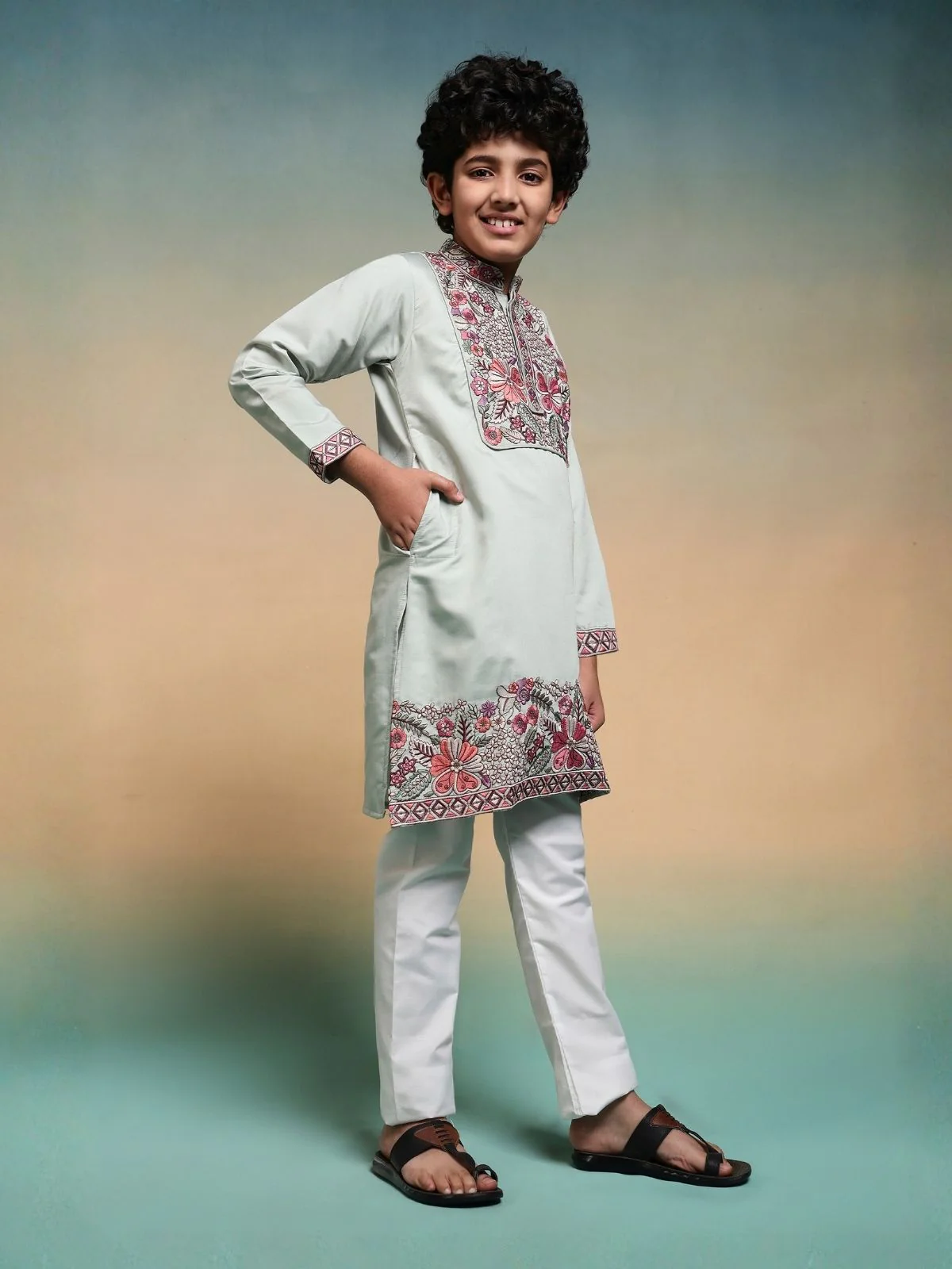 Odette Pista Green Viscose Silk Embroidered Stitched Kurta Set For Kids - Image 2