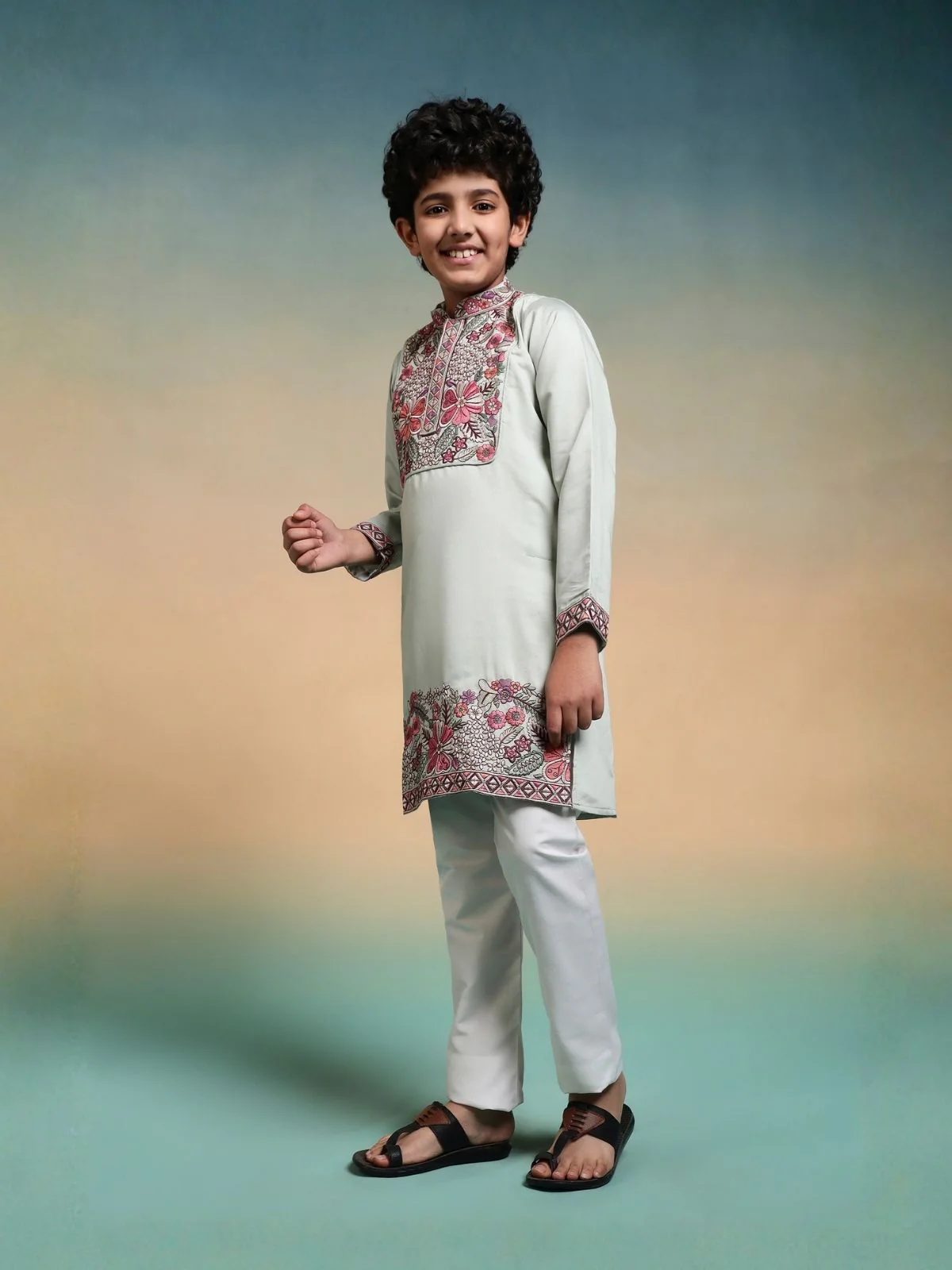 Odette Pista Green Viscose Silk Embroidered Stitched Kurta Set For Kids - Image 3