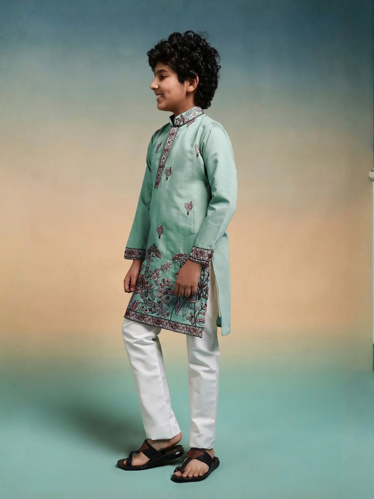 Odette Pista Green Viscose Silk Embroidered Stitched Kurta Set For Kids - Image 2
