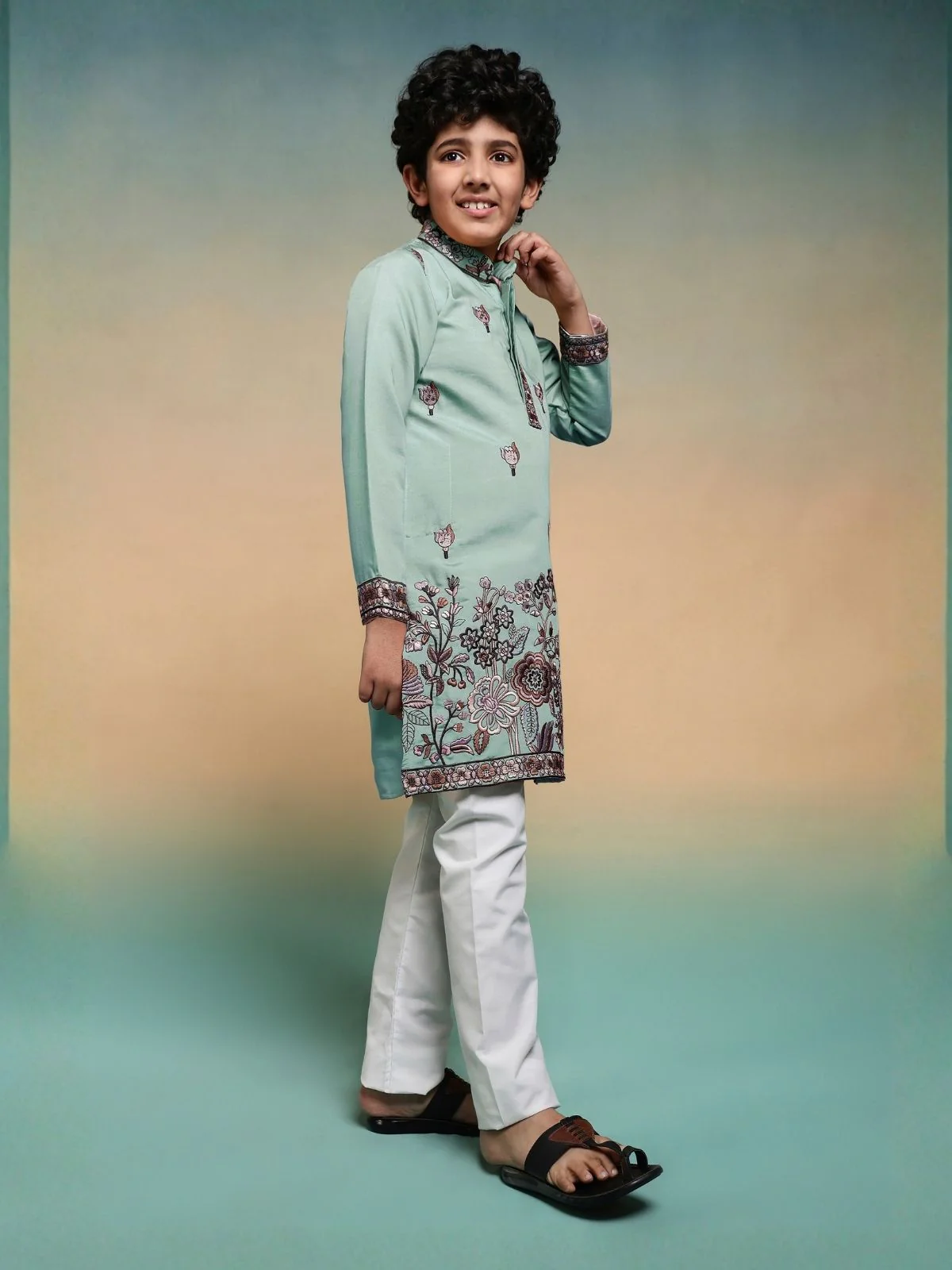 Odette Pista Green Viscose Silk Embroidered Stitched Kurta Set For Kids - Image 3
