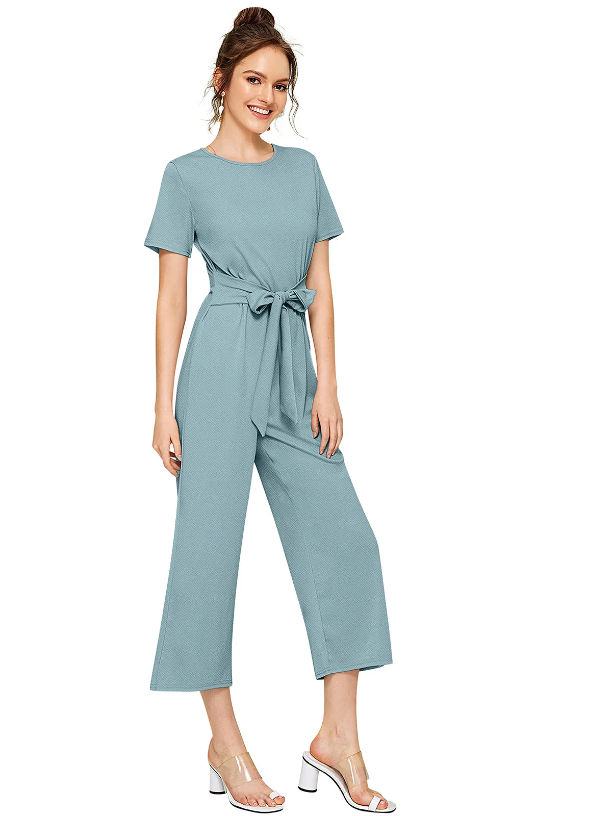 Odette Light Blue Knit Fabric Jumpsuit For Women - Image 2