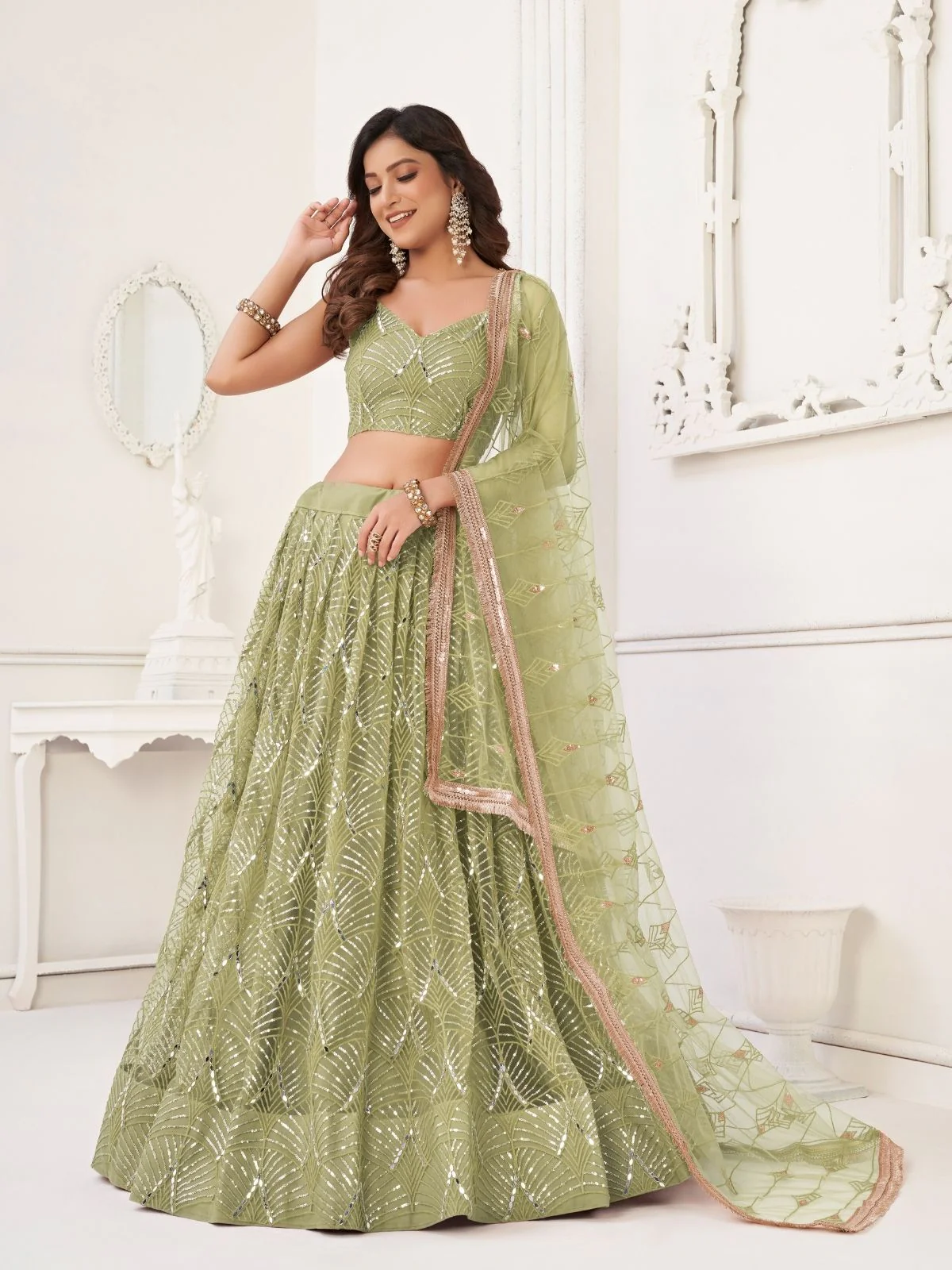 Odette Pista Net Embroidered Semi Stitched Lehenga For Women - Image 2
