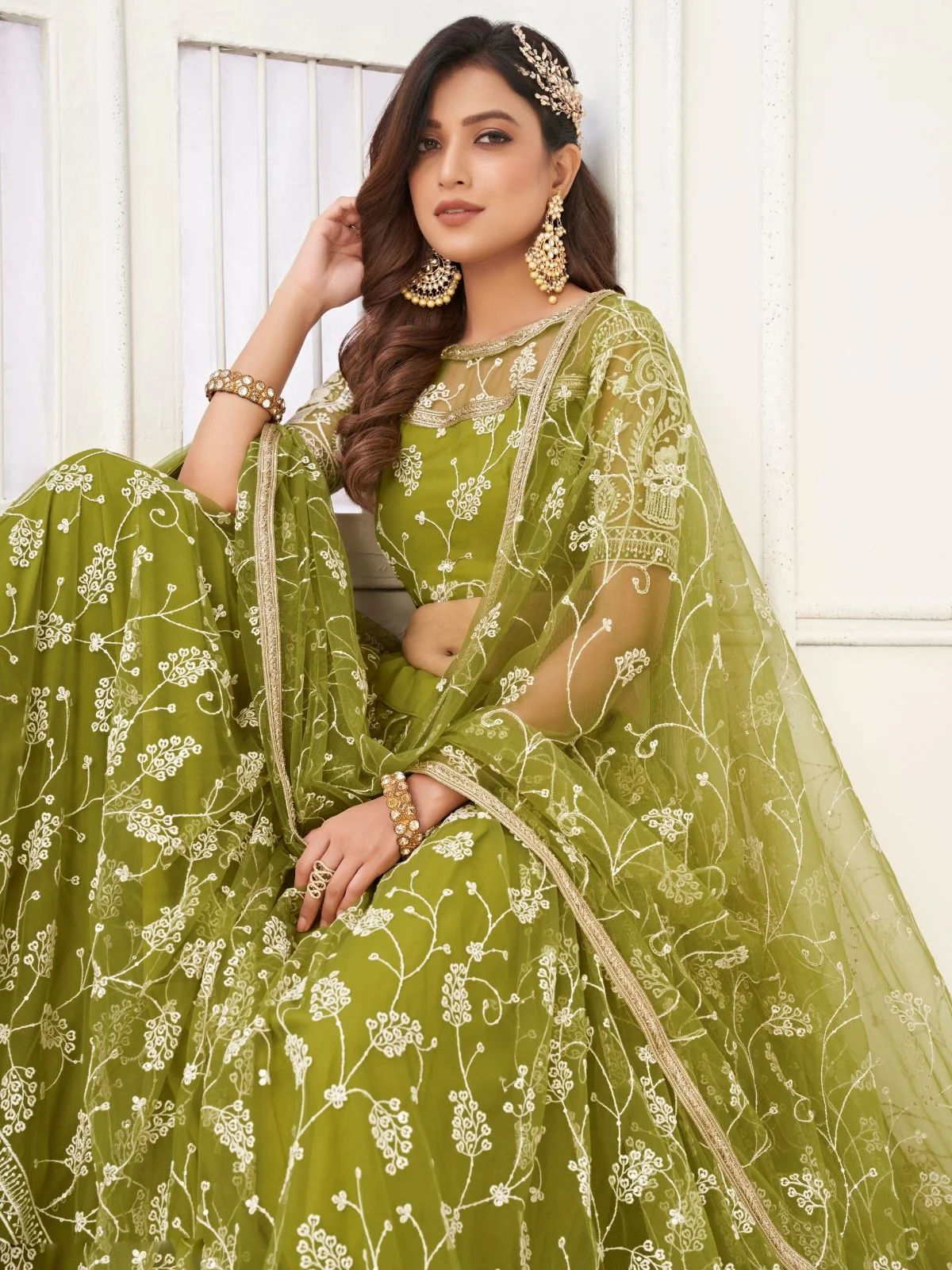 Odette Pista Net Embroidered Semi Stitched Lehenga For Women - Image 2