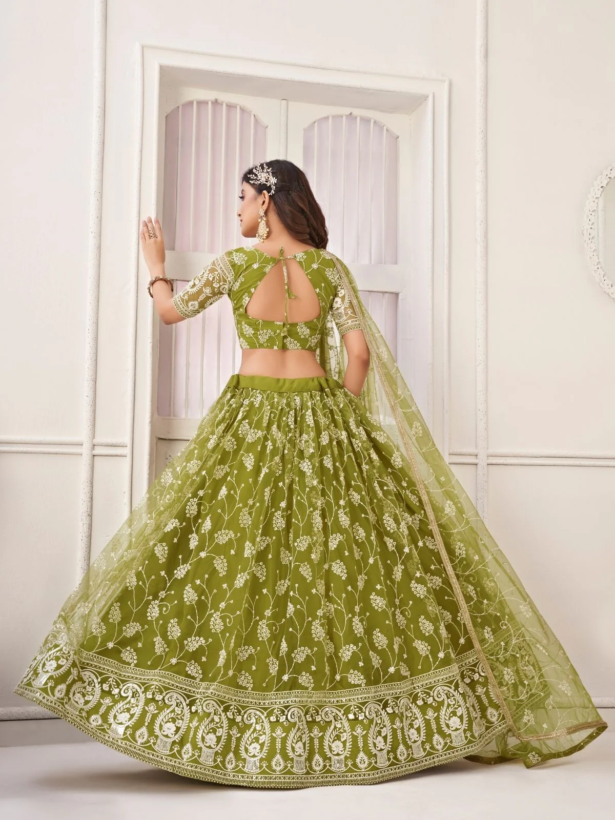 Odette Pista Net Embroidered Semi Stitched Lehenga For Women - Image 4